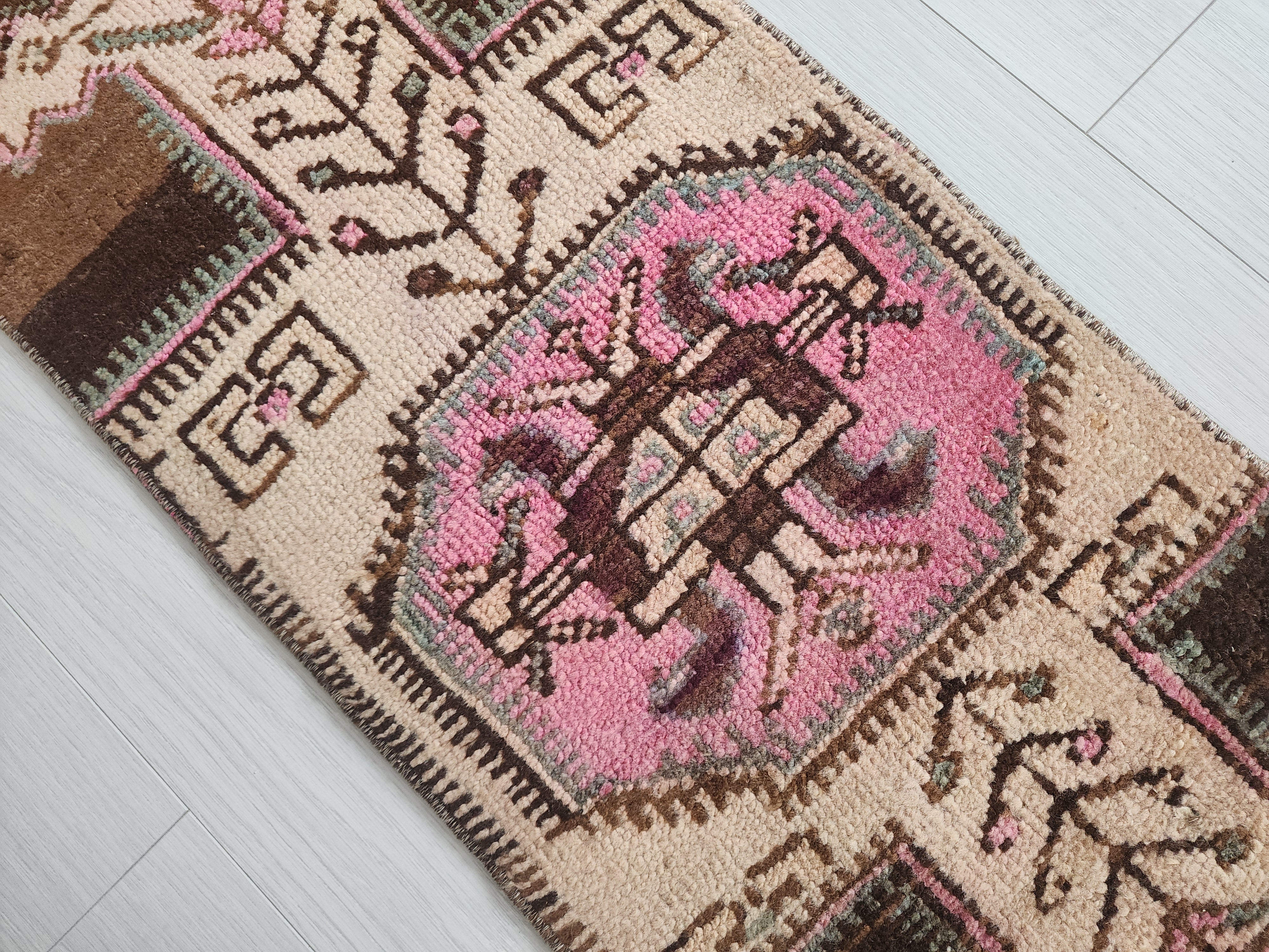 Small Turkish Rug, 3 ft x 1 ft 4 in, Distressed Faded Vintage Mat