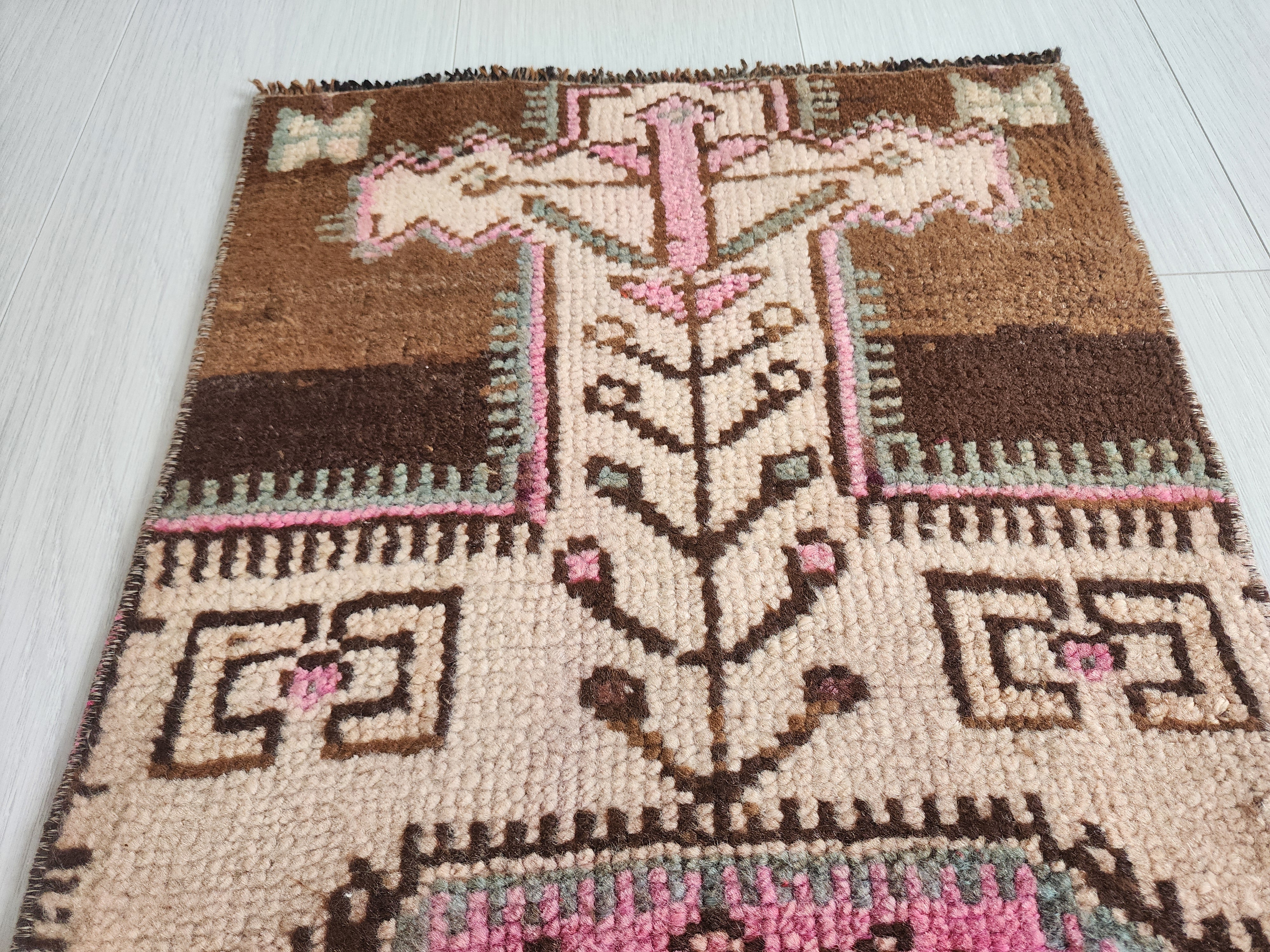 Small Turkish Rug, 3 ft x 1 ft 4 in, Distressed Faded Vintage Mat