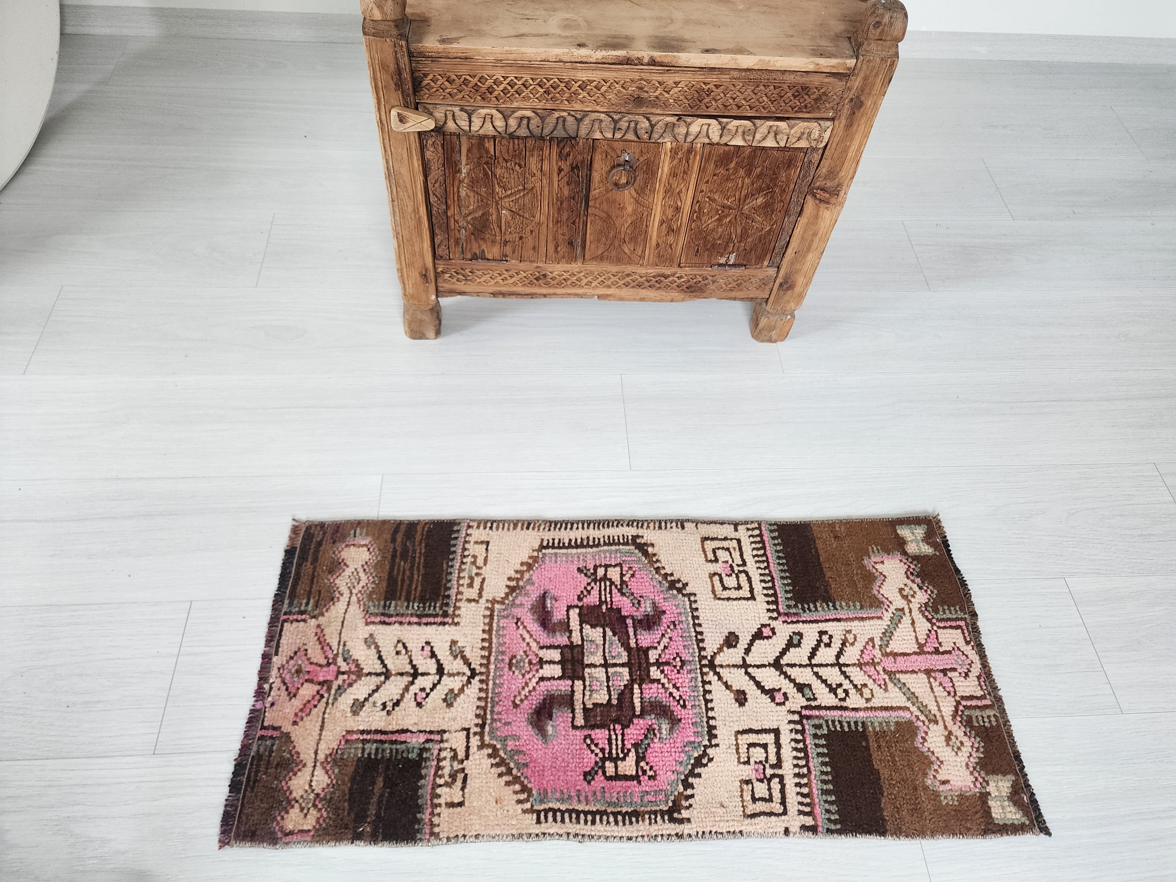 Small Turkish Rug, 3 ft x 1 ft 4 in, Distressed Faded Vintage Mat