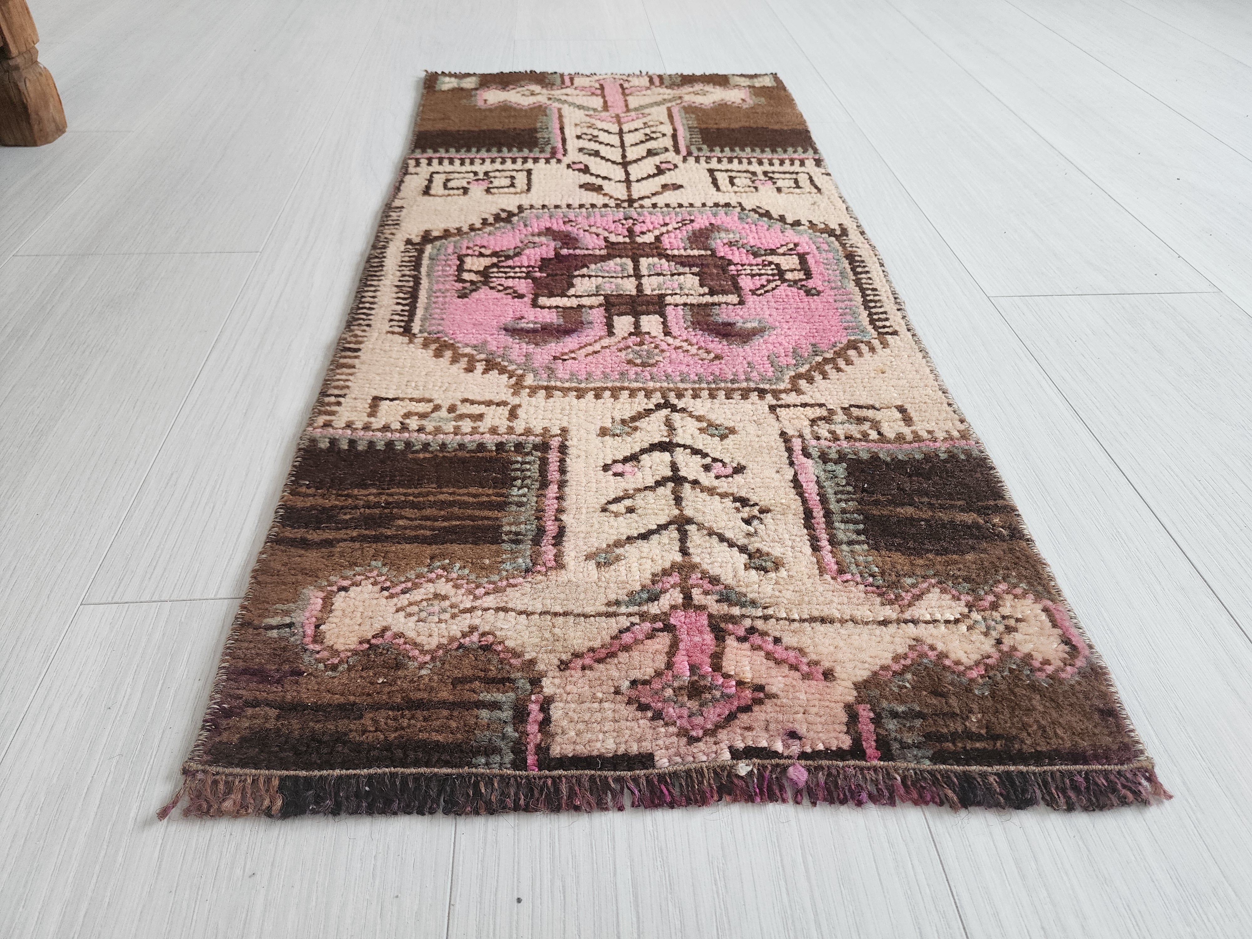 Small Turkish Rug, 3 ft x 1 ft 4 in, Distressed Faded Vintage Mat