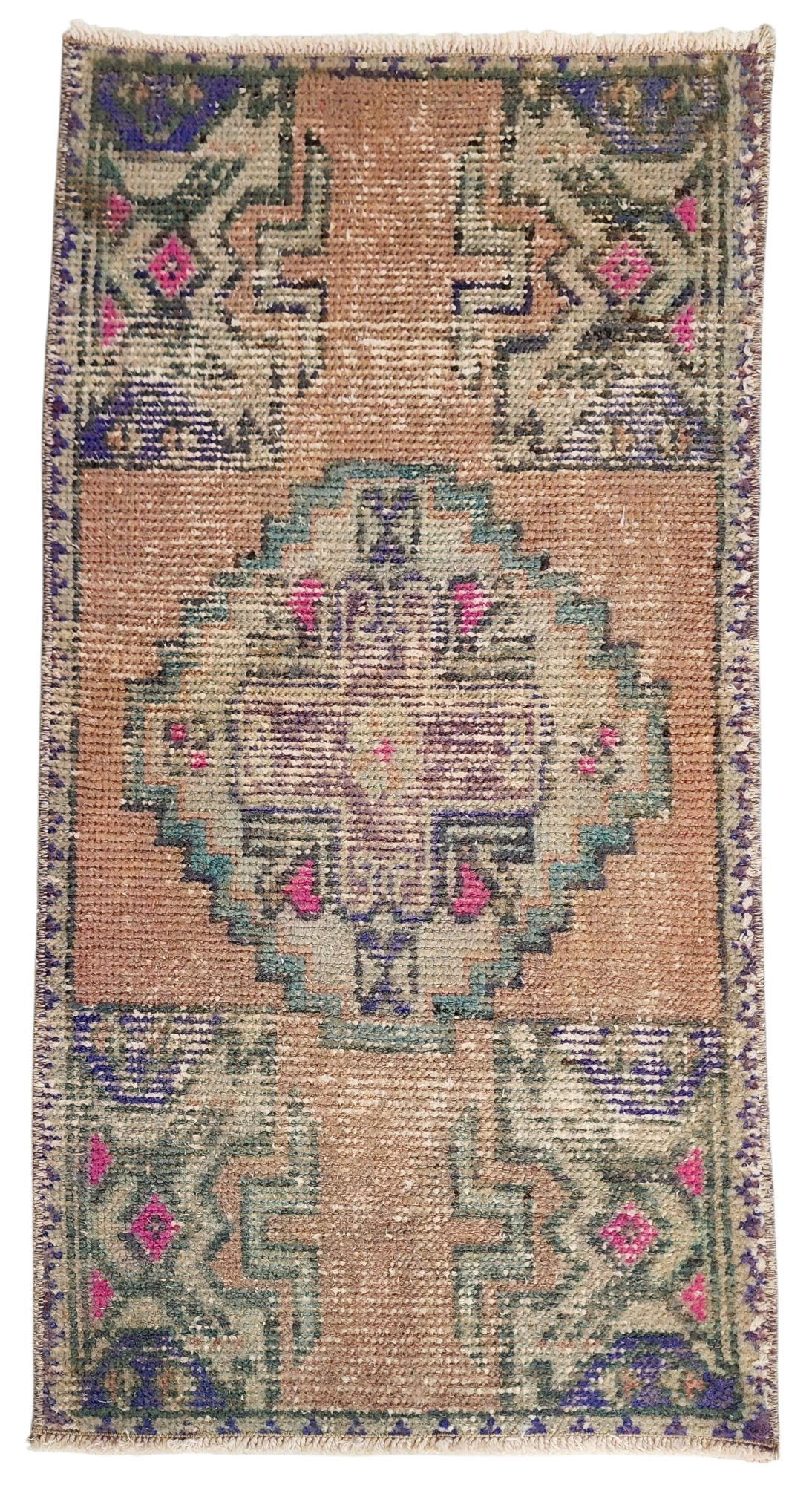 Tapis turc vintage de petite taille, 2 pi 9 po x 1 pi 5 po, rose, vert/gris et beige, style antique délavé