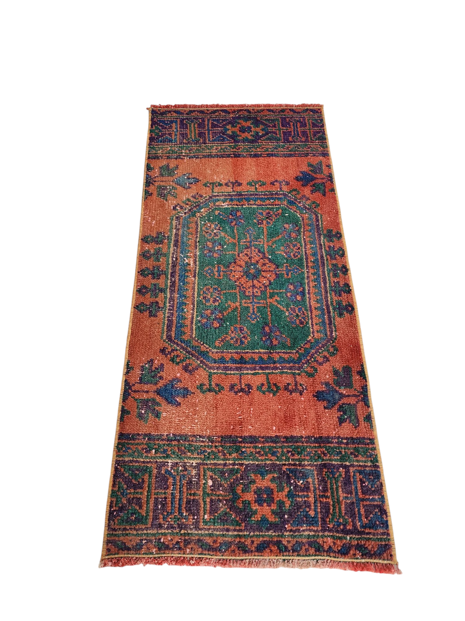 Small Turkish Rug, 4 ft 4 in x 1 ft 9in, Orange and Green Distressed Door Mat