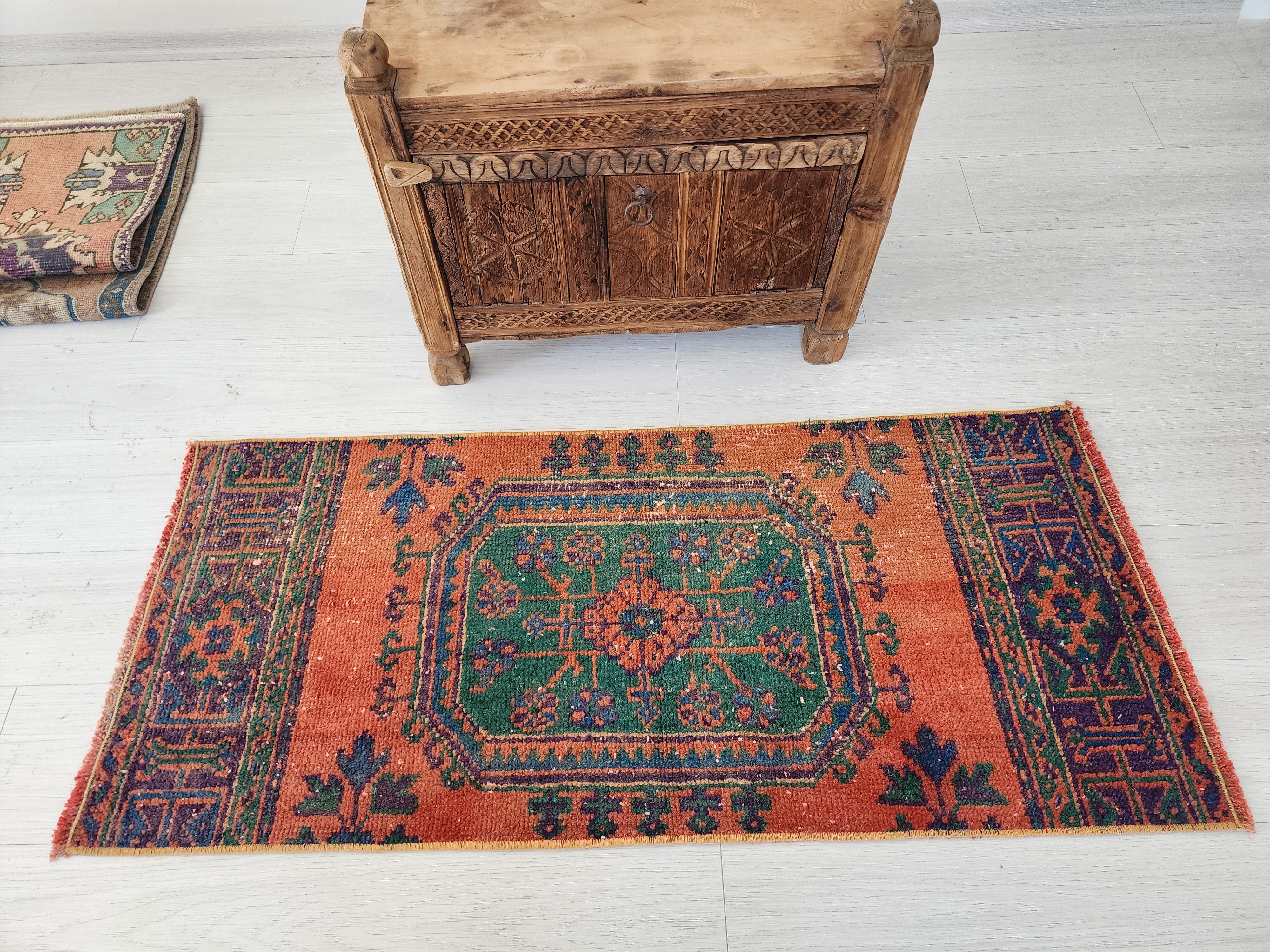 Small Turkish Rug, 4 ft 4 in x 1 ft 9in, Orange and Green Distressed Door Mat