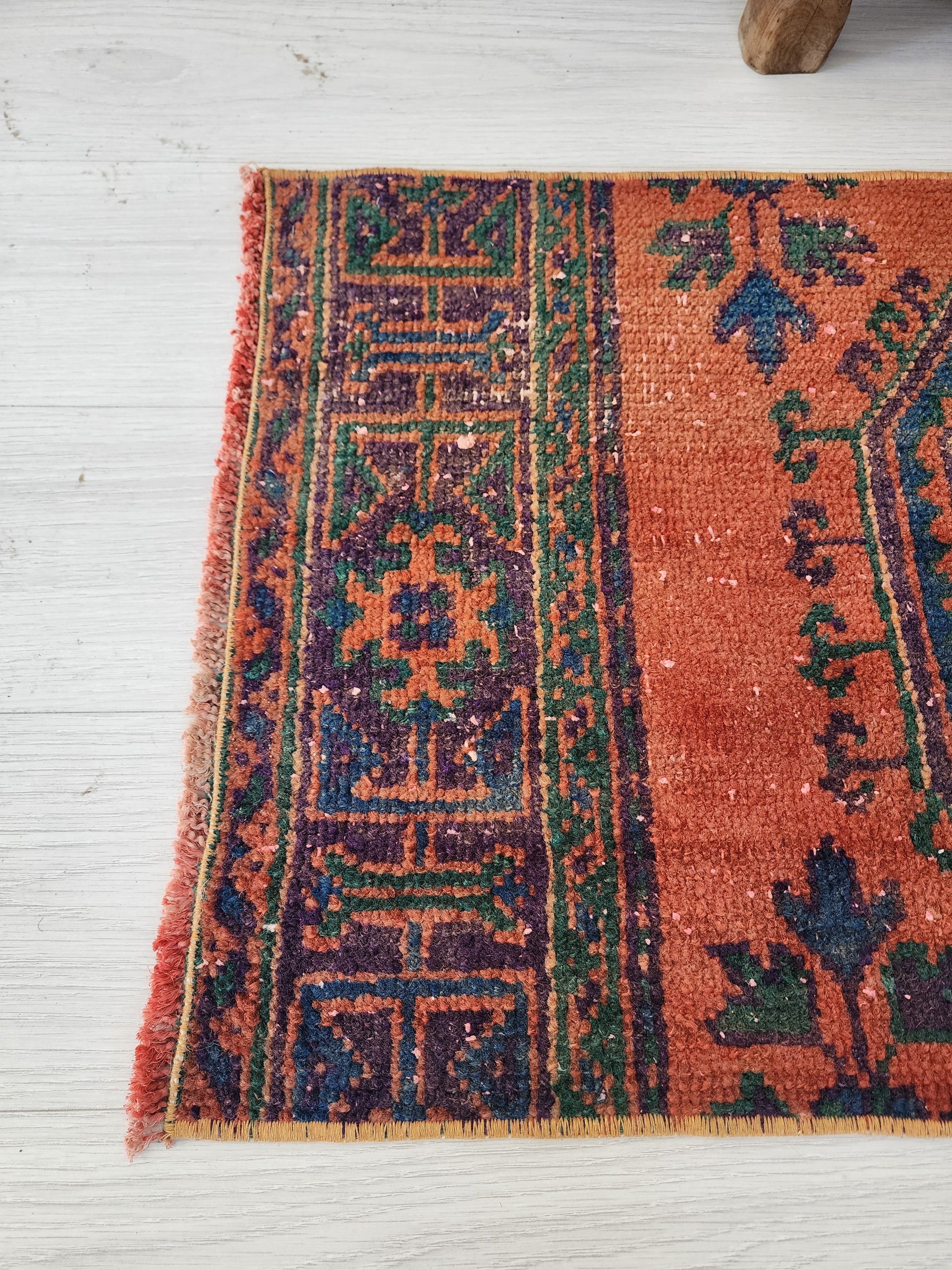 Small Turkish Rug, 4 ft 4 in x 1 ft 9in, Orange and Green Distressed Door Mat