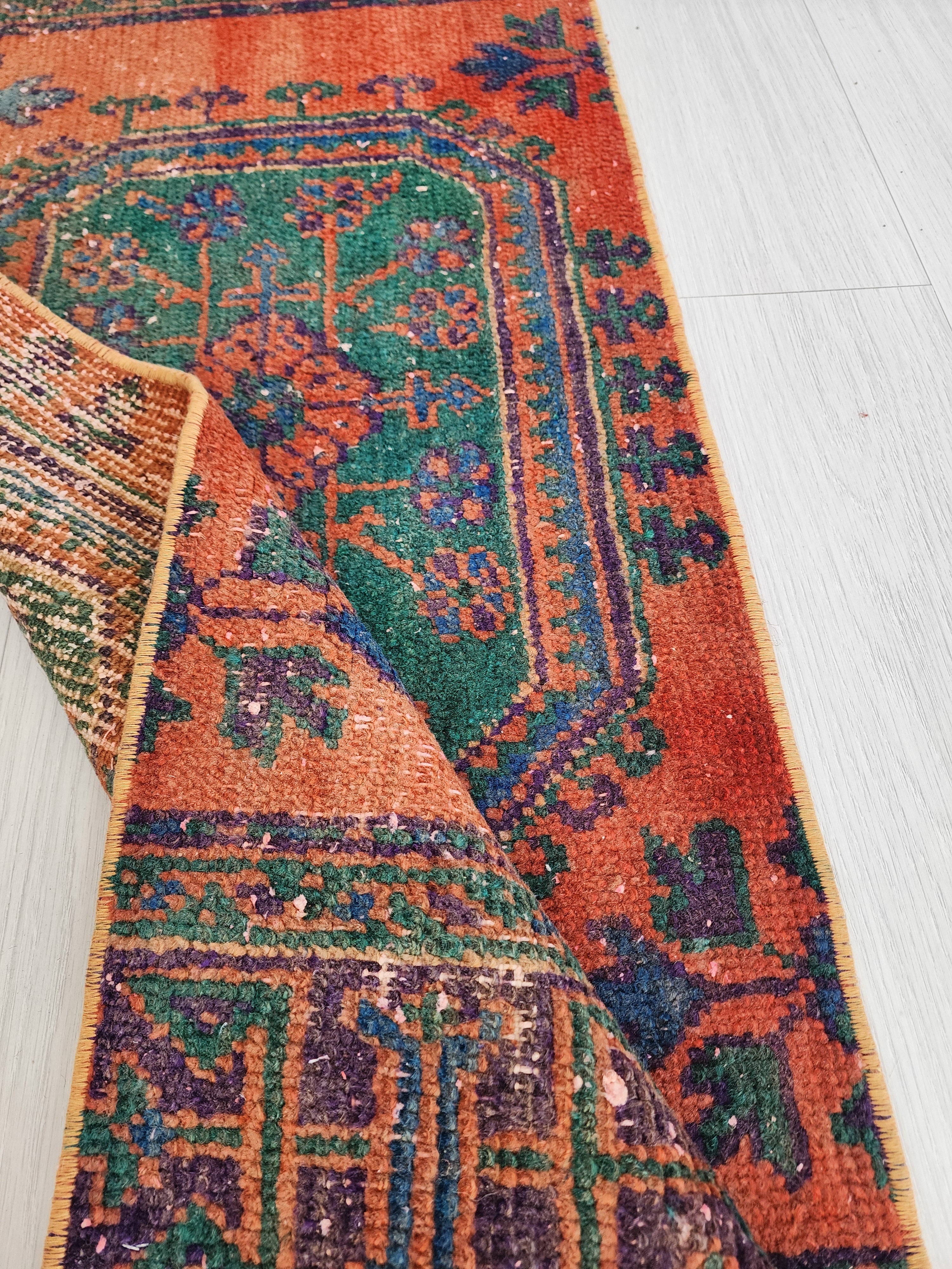 Small Turkish Rug, 4 ft 4 in x 1 ft 9in, Orange and Green Distressed Door Mat
