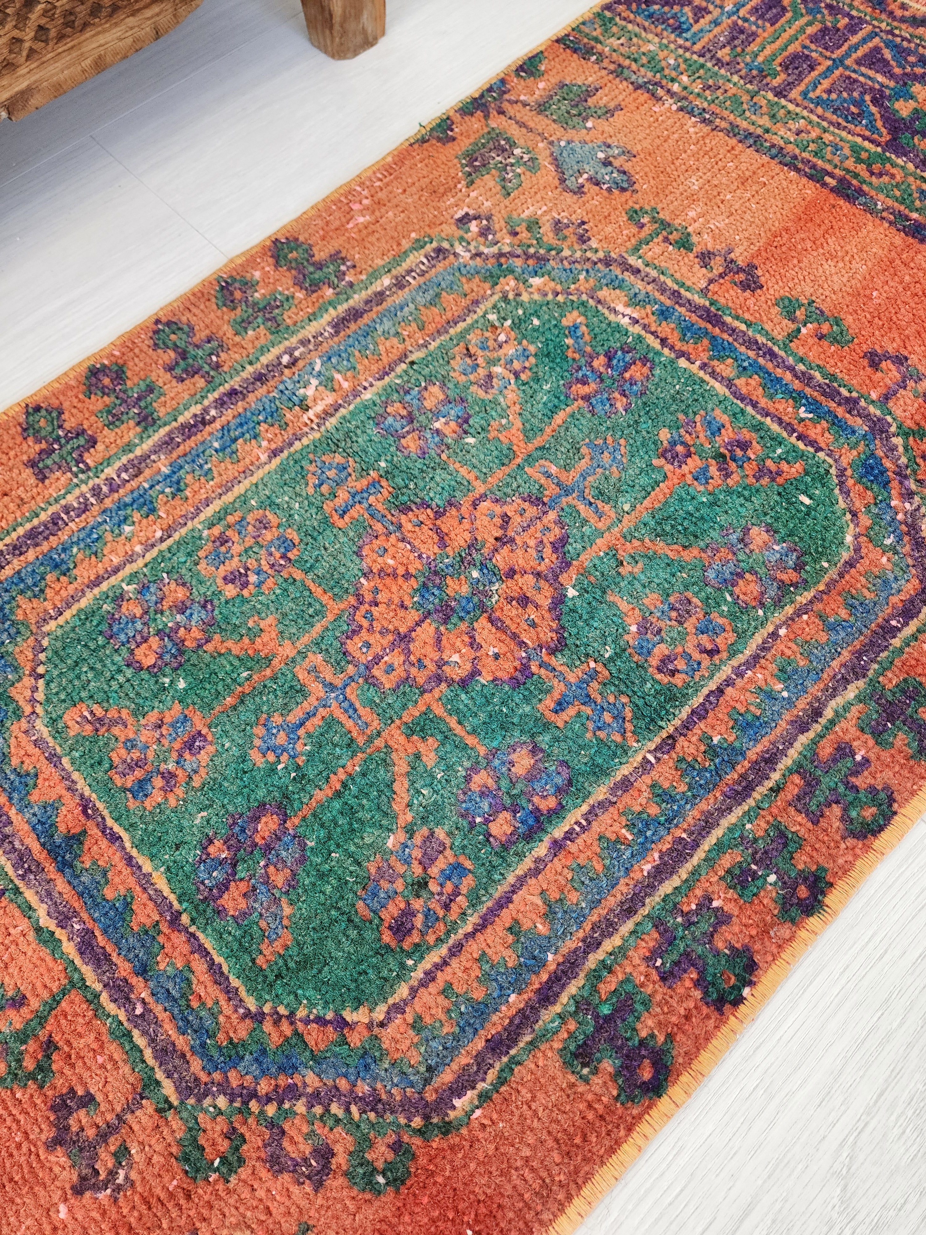 Small Turkish Rug, 4 ft 4 in x 1 ft 9in, Orange and Green Distressed Door Mat