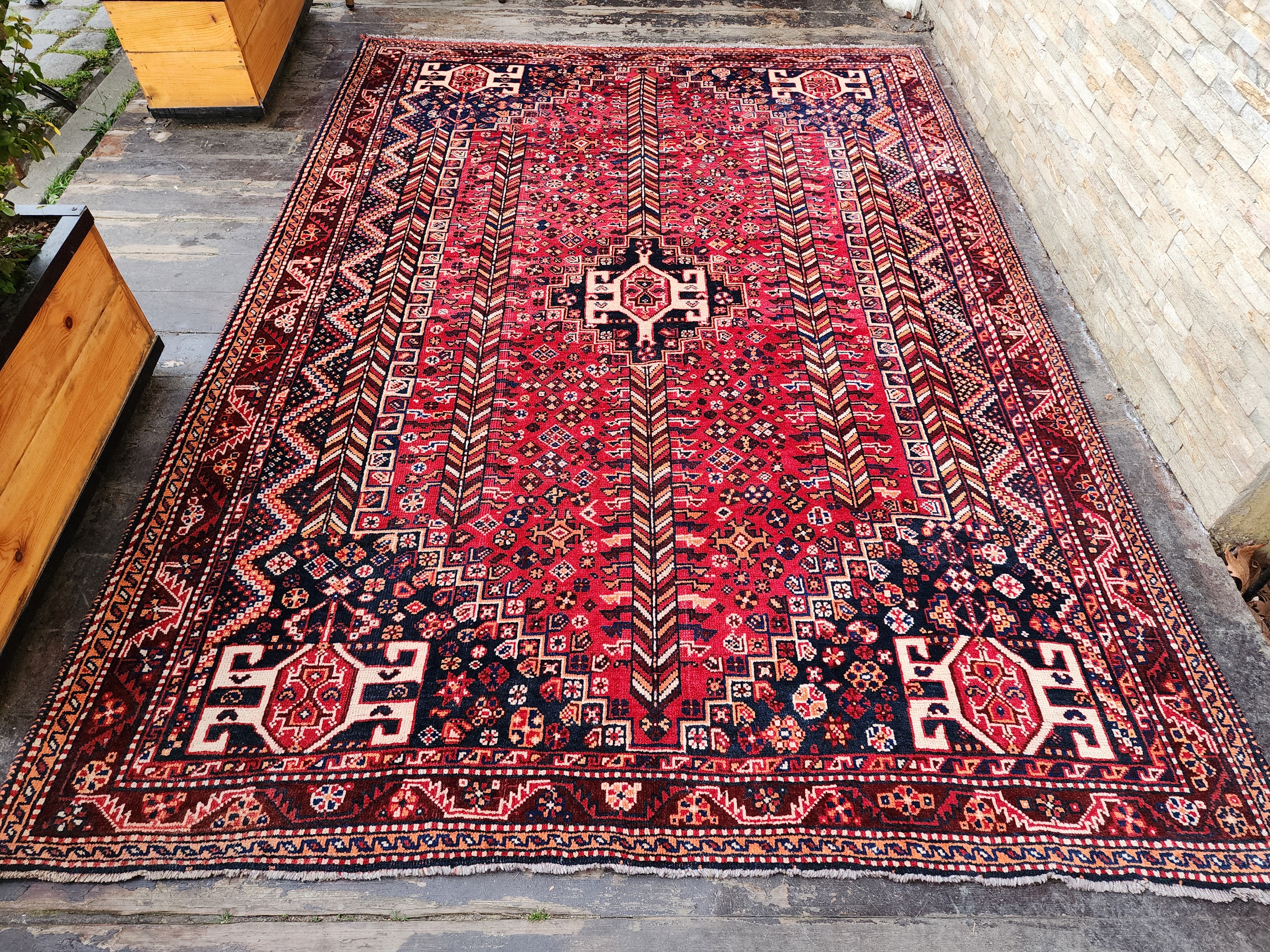 Red and Blue Antique Persian Area Rug 8 x 6 ft Vintage Turkish Tribal Natural Wool Rug, Recycled Oriental Design Rustic Bohemian Floor Rug