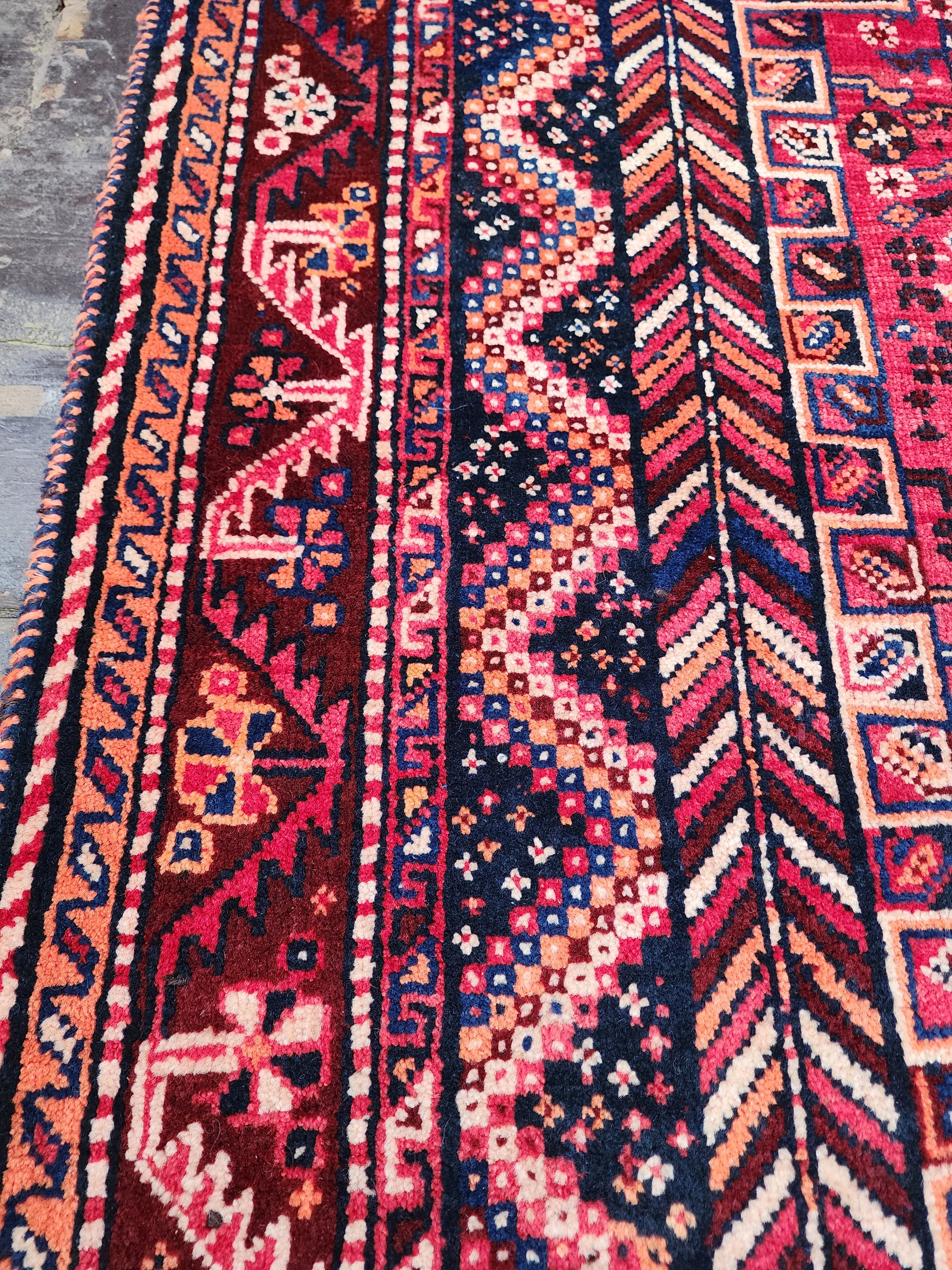 Red and Blue Antique Persian Area Rug 8 x 6 ft Vintage Turkish Tribal Natural Wool Rug, Recycled Oriental Design Rustic Bohemian Floor Rug