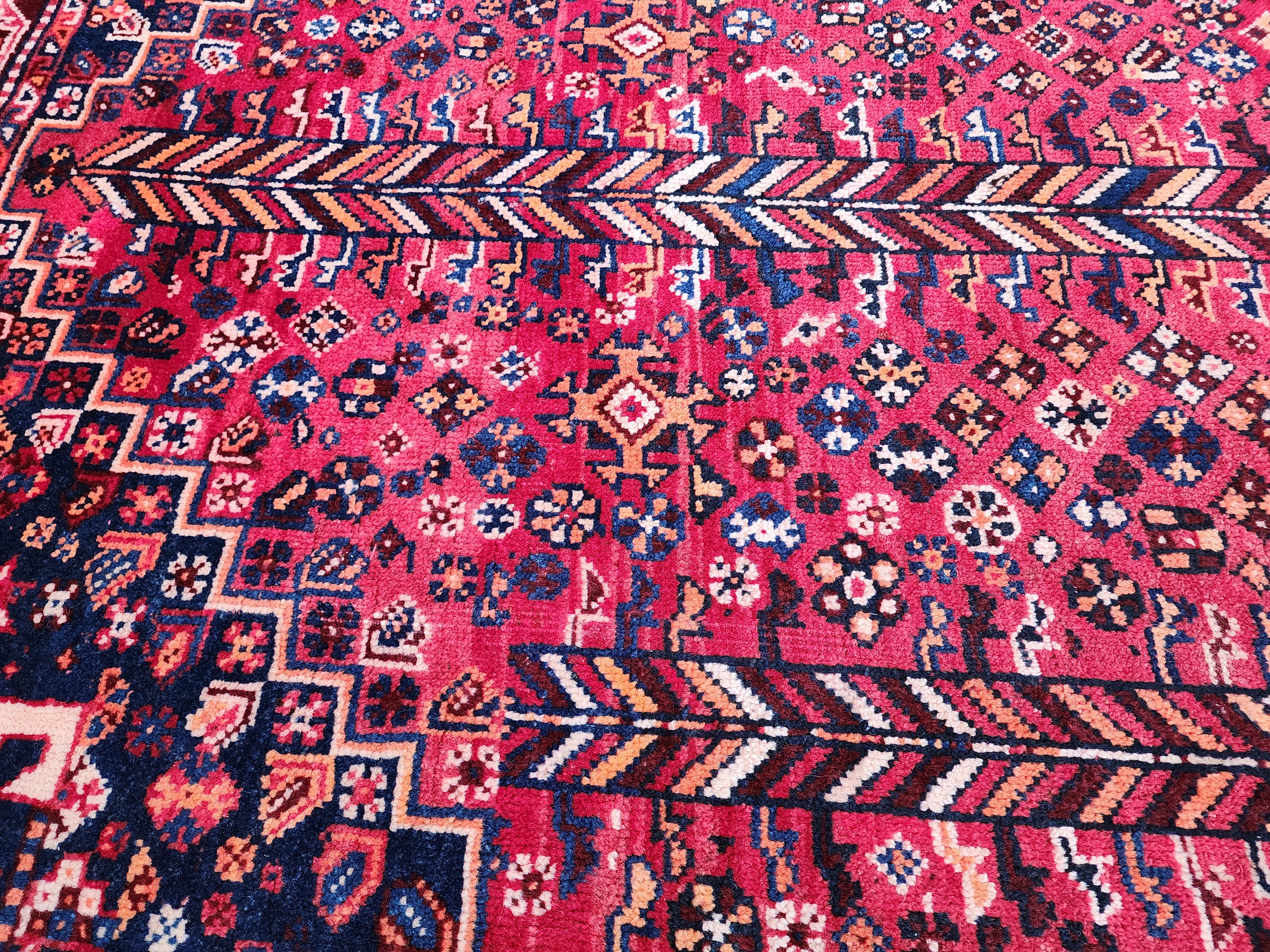 Red and Blue Antique Persian Area Rug 8 x 6 ft Vintage Turkish Tribal Natural Wool Rug, Recycled Oriental Design Rustic Bohemian Floor Rug