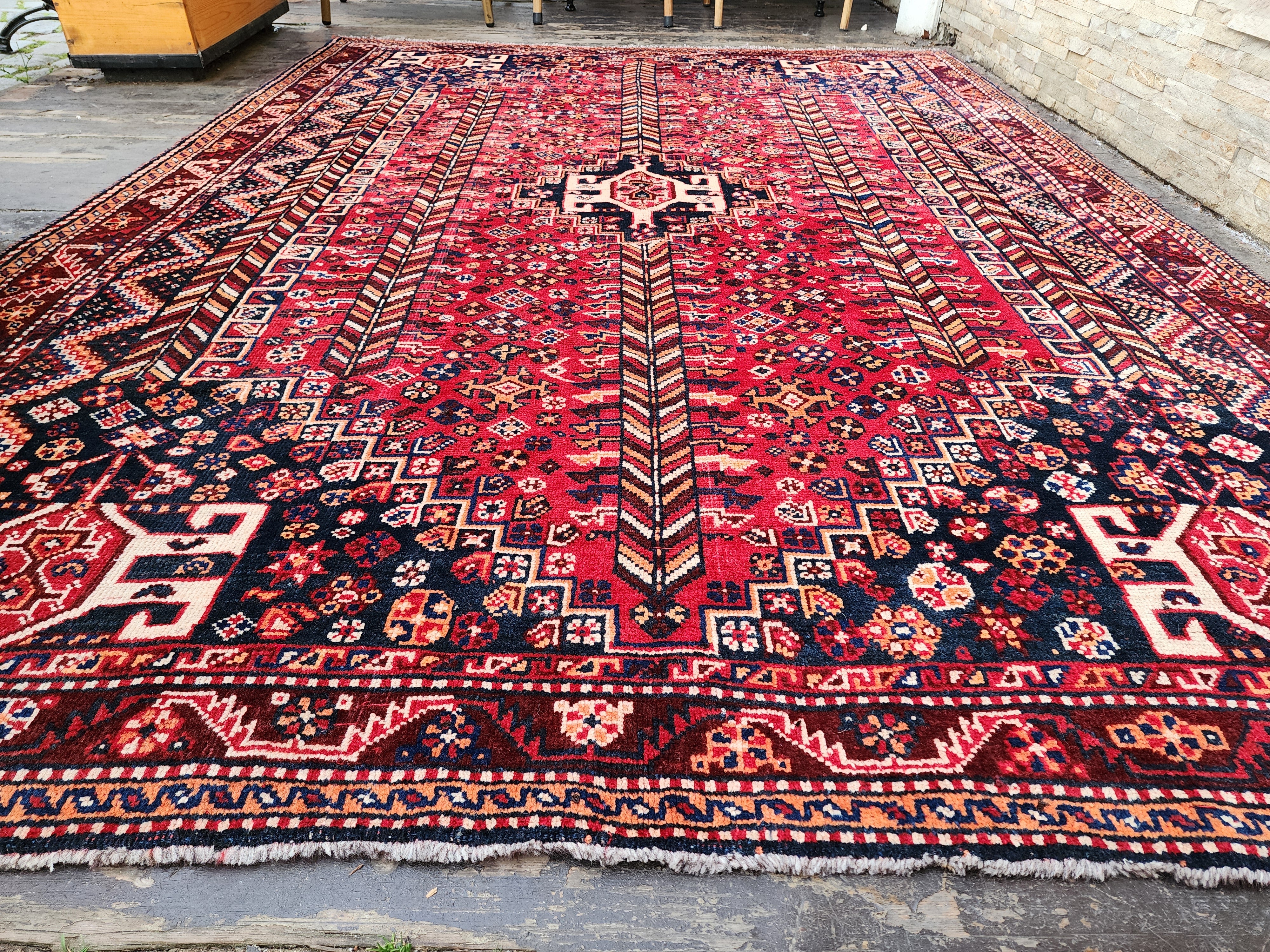 Red and Blue Antique Persian Area Rug 8 x 6 ft Vintage Turkish Tribal Natural Wool Rug, Recycled Oriental Design Rustic Bohemian Floor Rug