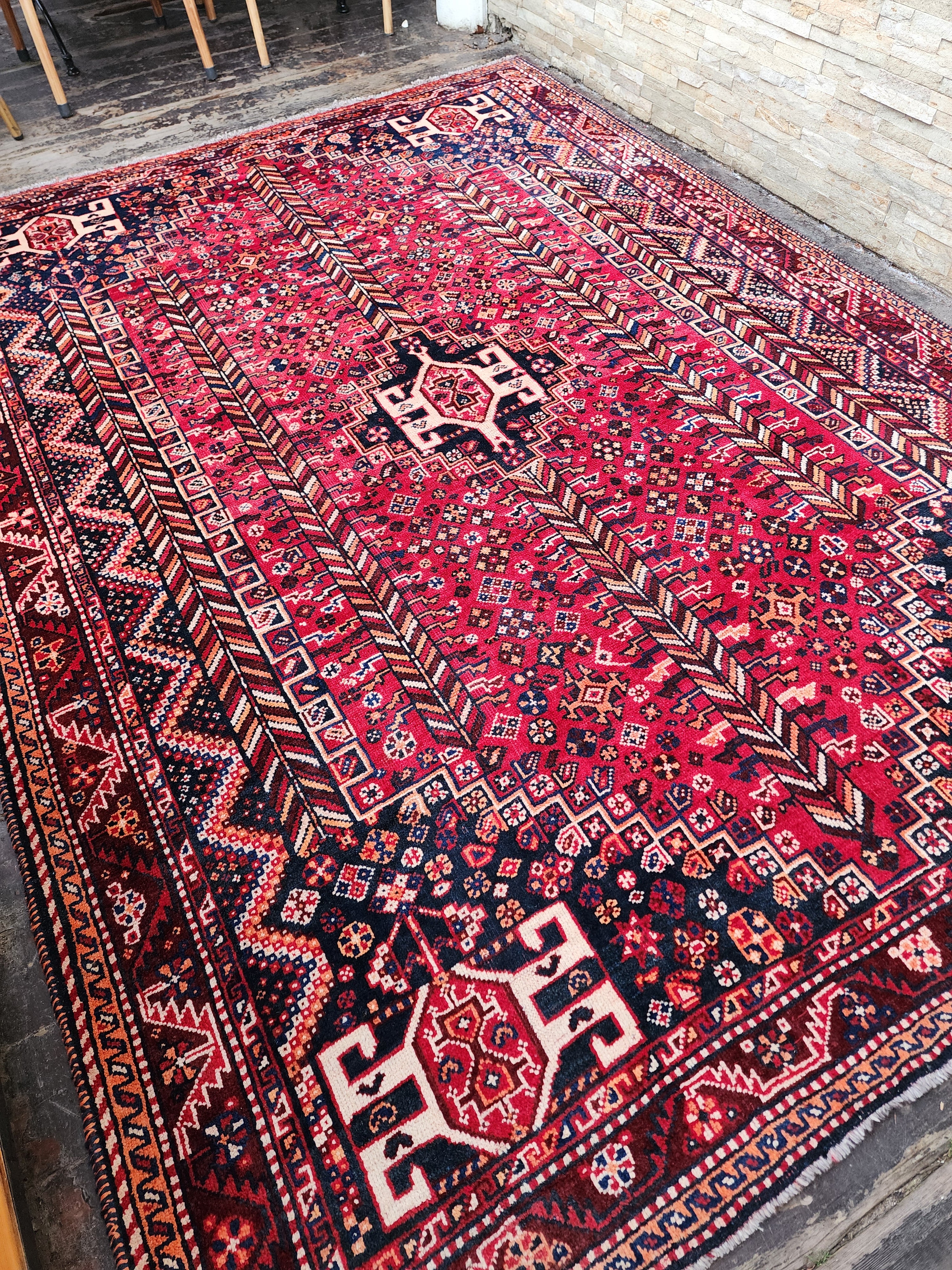 Red and Blue Antique Persian Area Rug 8 x 6 ft Vintage Turkish Tribal Natural Wool Rug, Recycled Oriental Design Rustic Bohemian Floor Rug