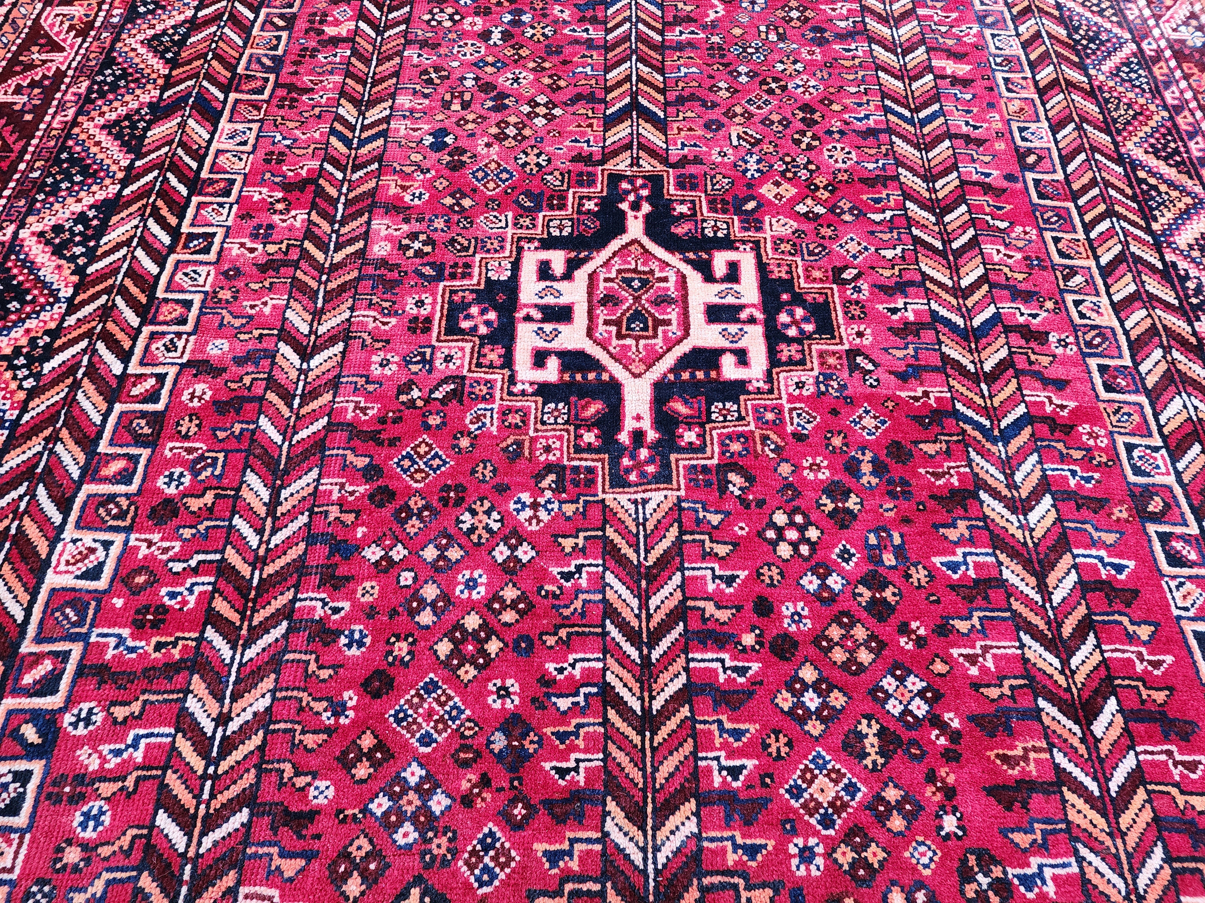 Red and Blue Antique Persian Area Rug 8 x 6 ft Vintage Turkish Tribal Natural Wool Rug, Recycled Oriental Design Rustic Bohemian Floor Rug