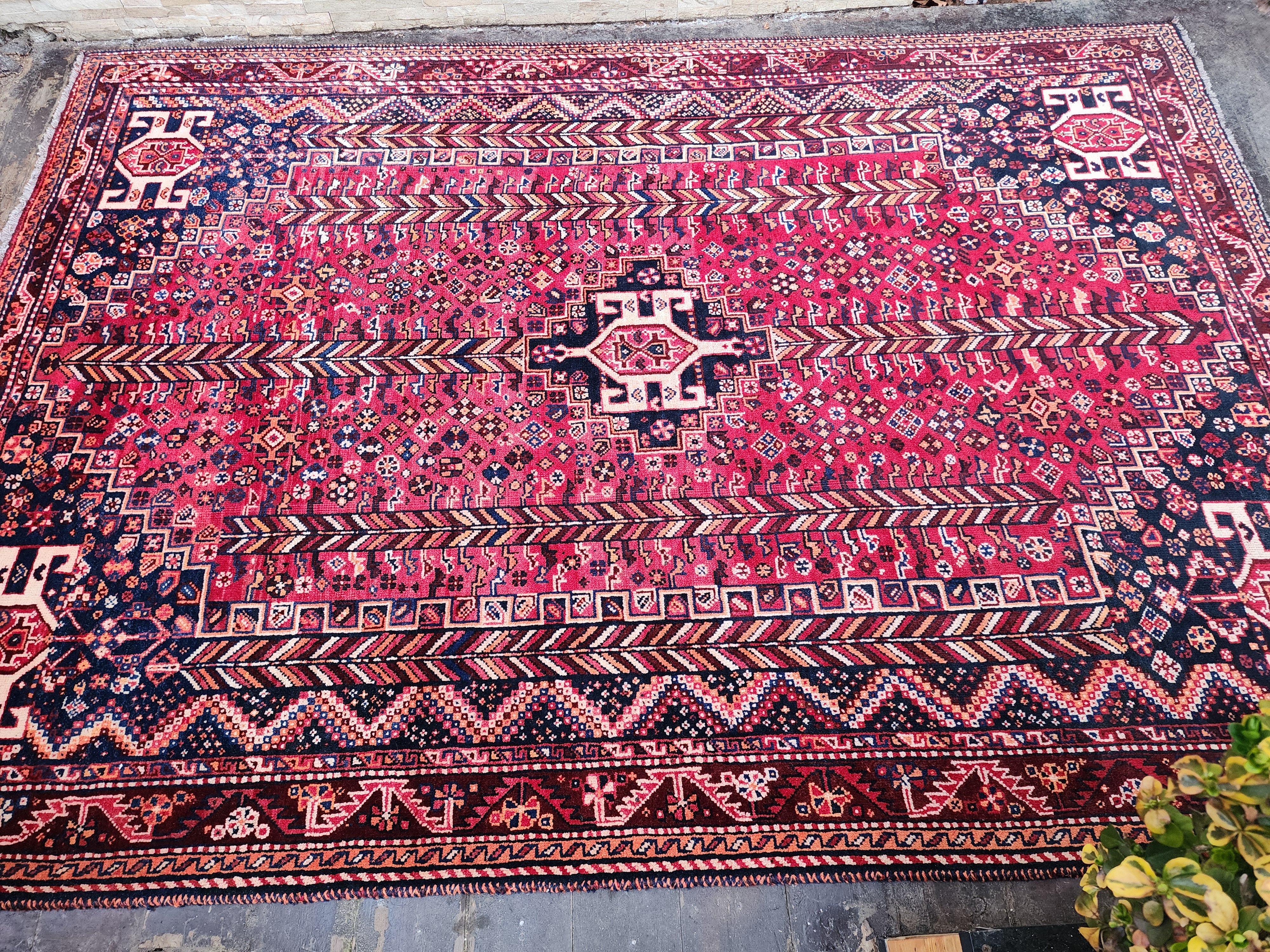 Red and Blue Antique Persian Area Rug 8 x 6 ft Vintage Turkish Tribal Natural Wool Rug, Recycled Oriental Design Rustic Bohemian Floor Rug