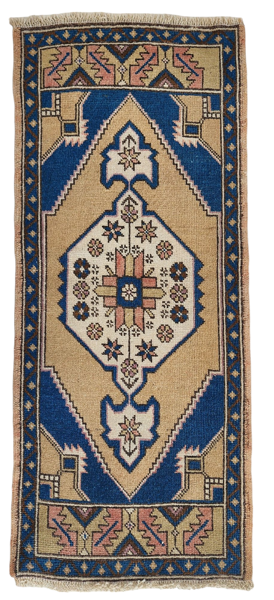 Tapis turc vintage de petite taille 4 pi x 1 pi 7 po, rose, vert/gris et beige, style antique délavé