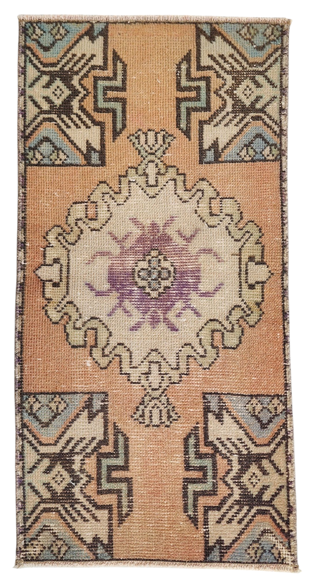 Alfombra turca pequeña vintage, 3 pies x 1 pie 6 pulgadas, estilo antiguo desgastado y descolorido en rosa, verde/gris y beige