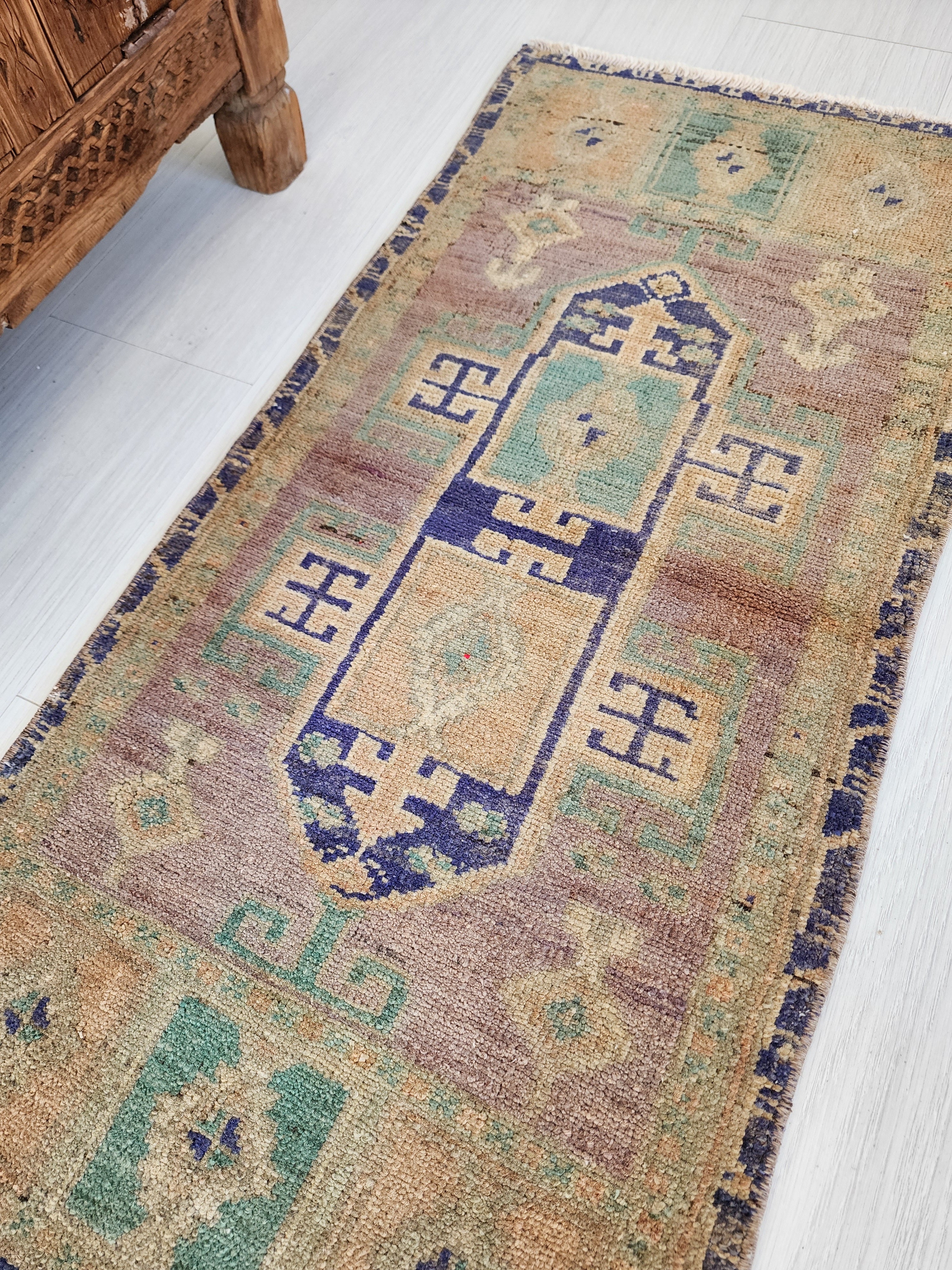Alfombra rústica con decoración bohemia descolorida vintage, alfombra desgastada, alfombra persa con lavado pastel, decoración de sala de estar de lana natural, 3,2 x 1,5 pies
