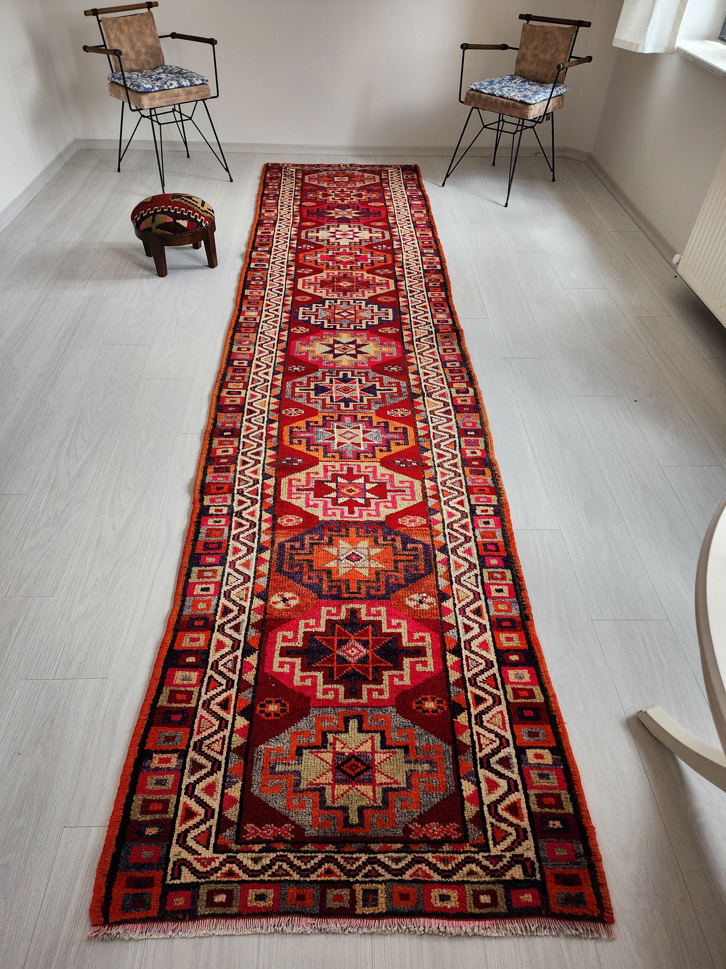 Herki Turkey Persian Tribal Rug Moroccan Style Organic Wool Recycled Runner Rug, 13'3"x3'1"
