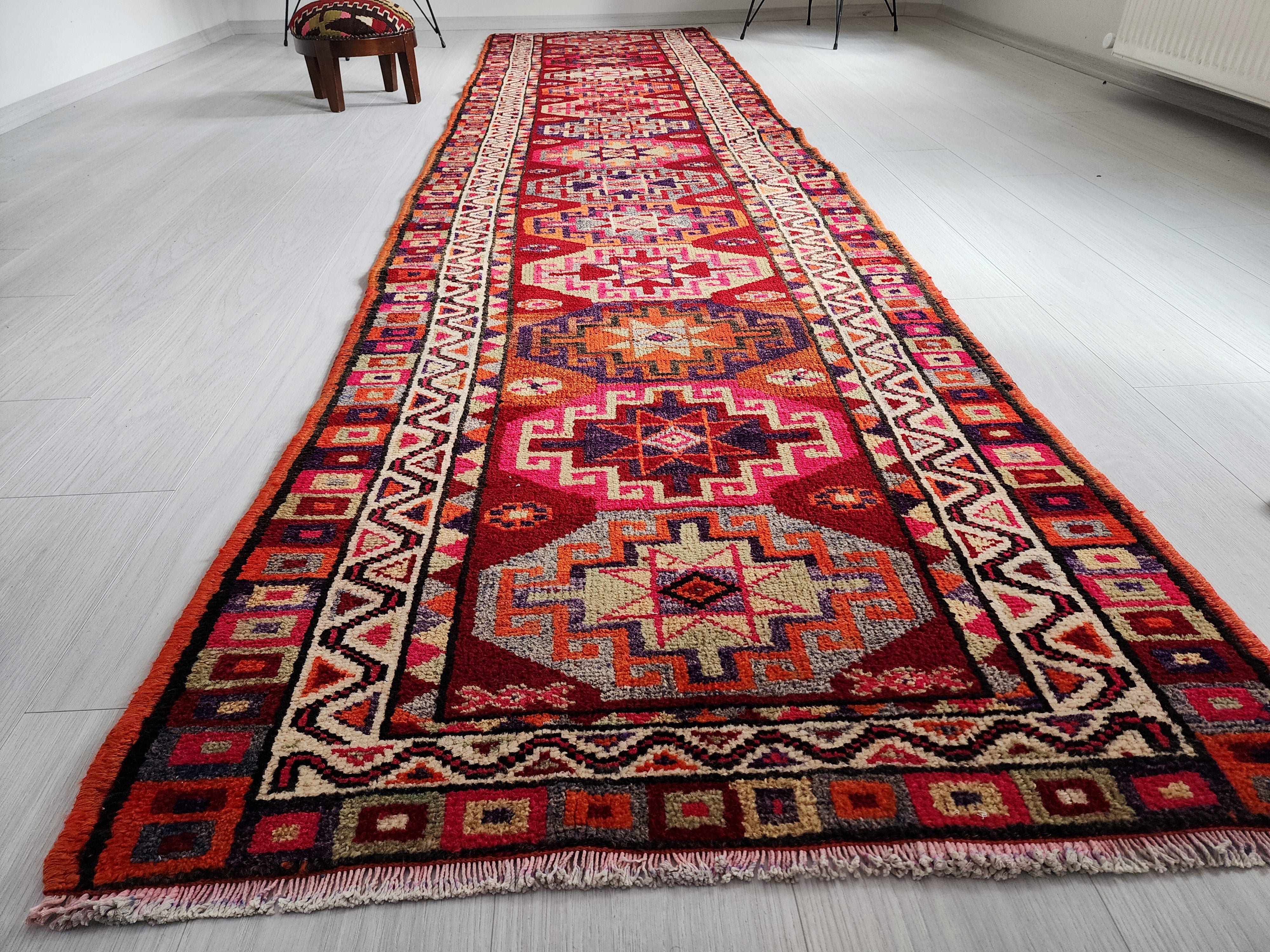 Herki Turkey Persian Tribal Rug Moroccan Style Organic Wool Recycled Runner Rug, 13'3"x3'1"