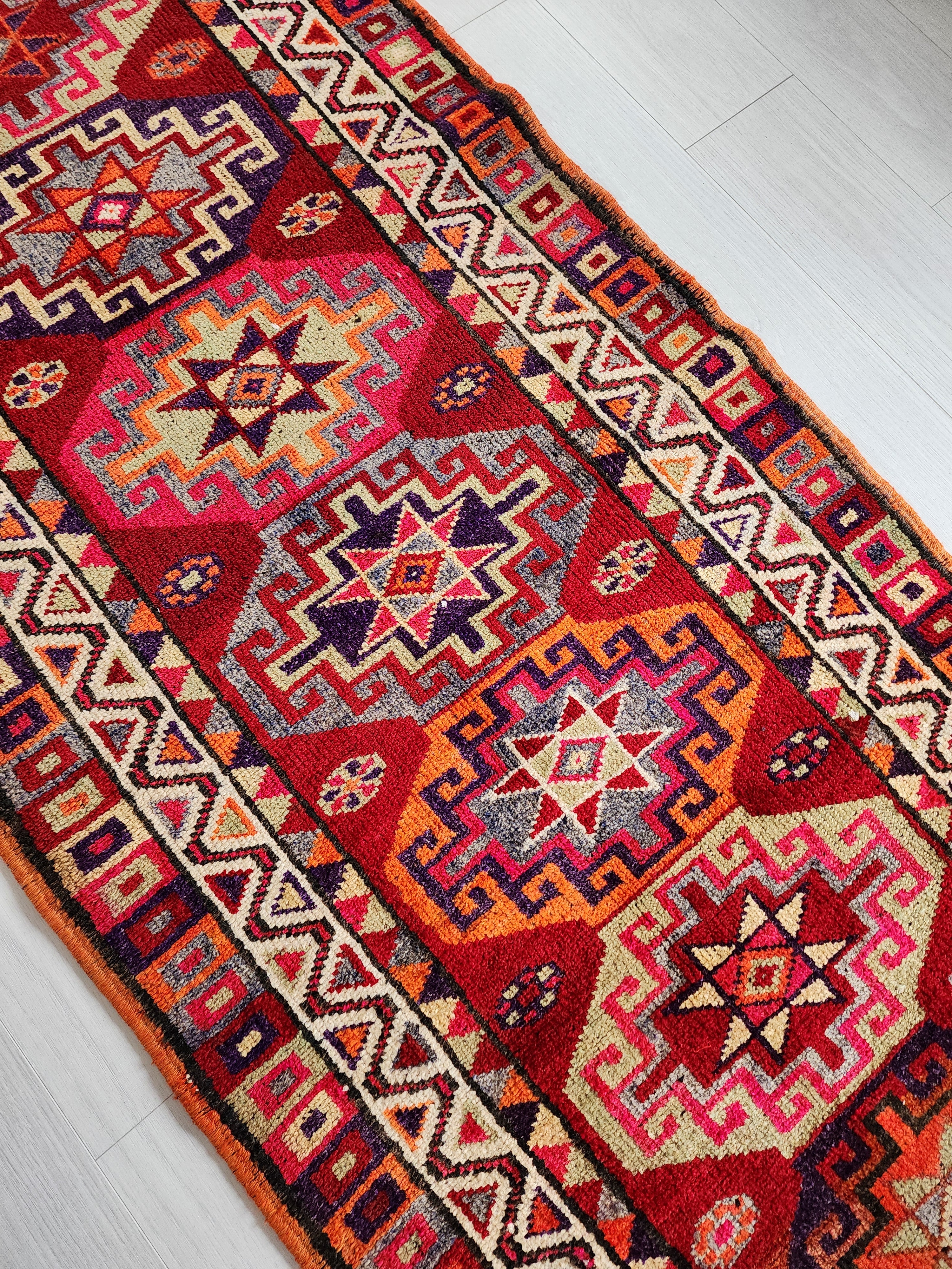 Herki Turkey Persian Tribal Rug Moroccan Style Organic Wool Recycled Runner Rug, 13'3"x3'1"