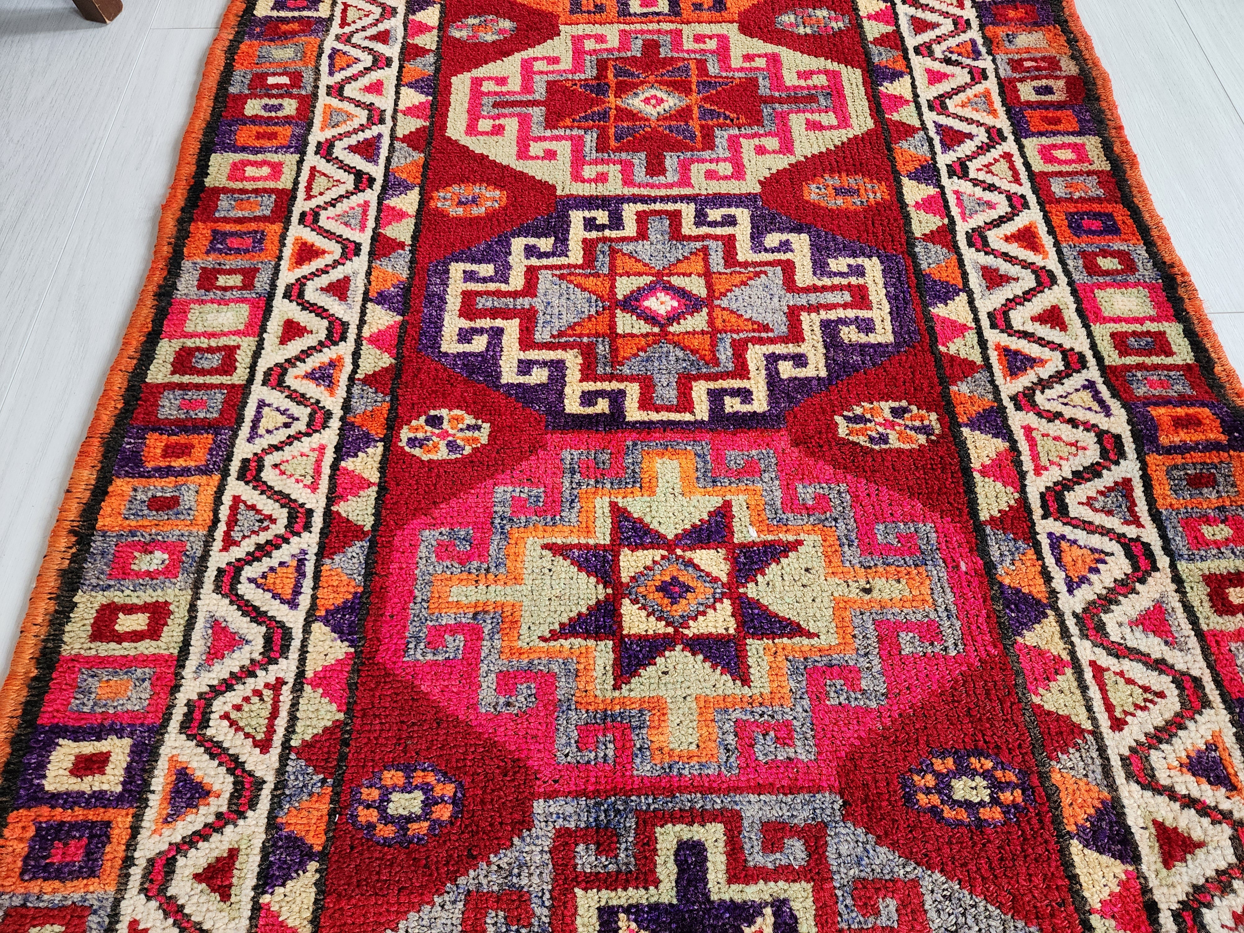 Herki Turkey Persian Tribal Rug Moroccan Style Organic Wool Recycled Runner Rug, 13'3"x3'1"
