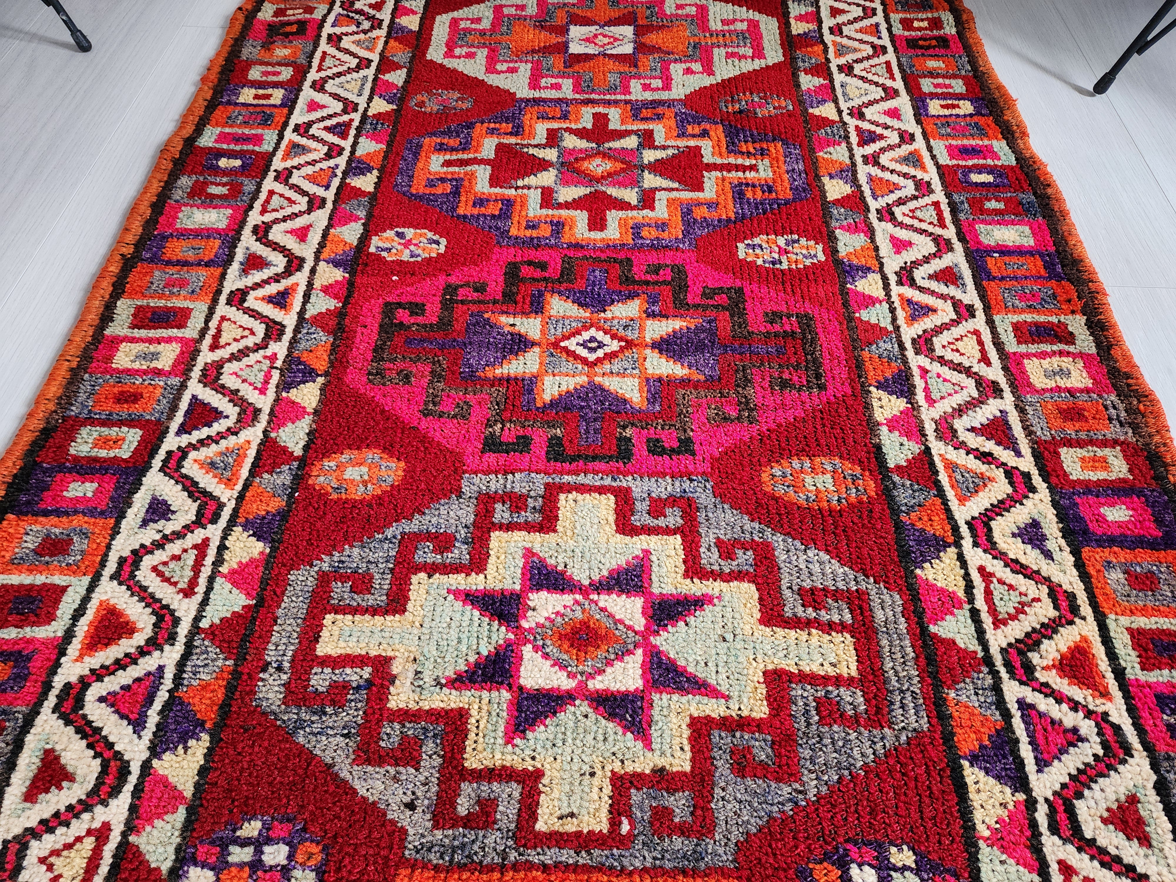 Herki Turkey Persian Tribal Rug Moroccan Style Organic Wool Recycled Runner Rug, 13'3"x3'1"