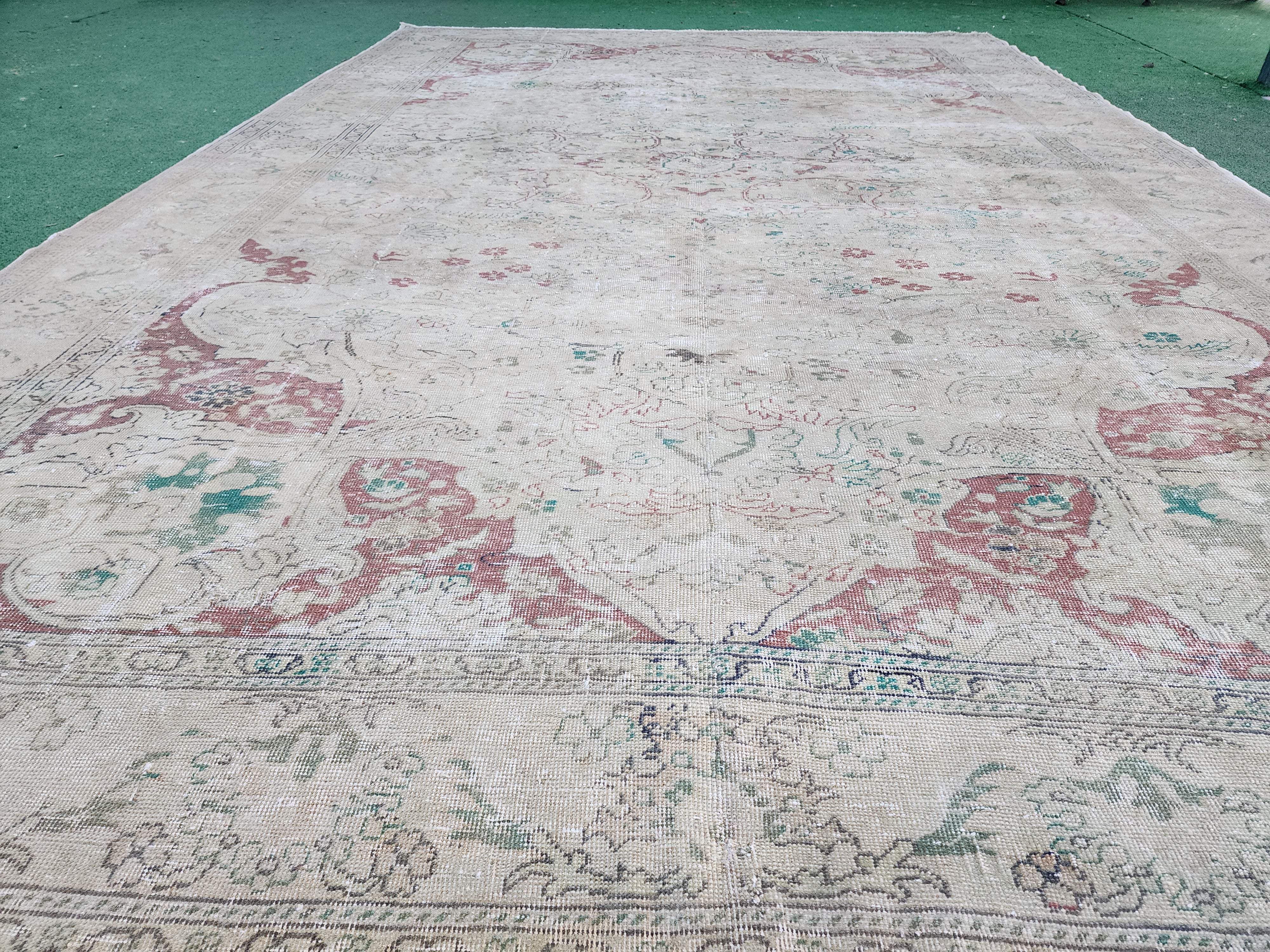 Large Floor Rug 11 x 7 ft Beige and Brown Natural Wool Large Floral Vintage Turkish Carpet