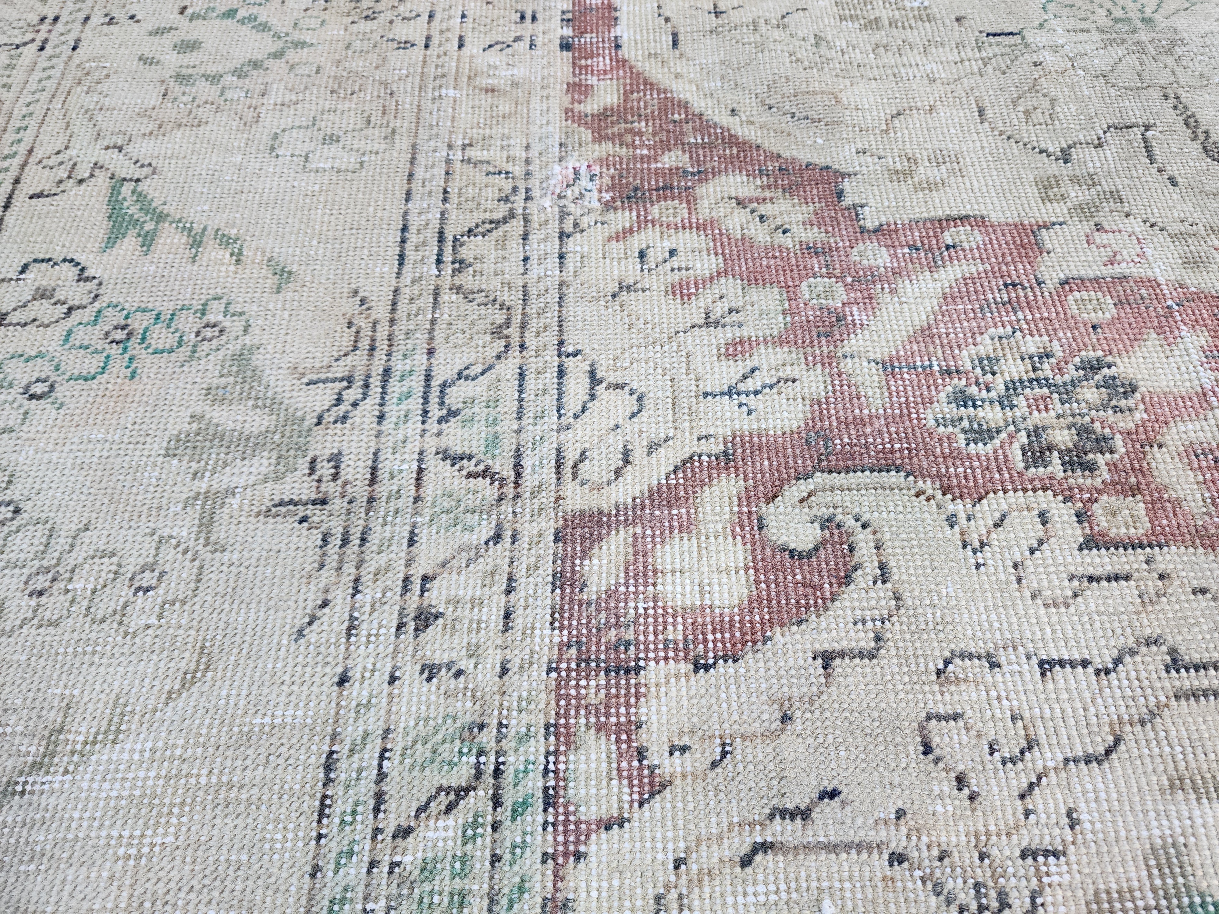 Large Floor Rug 11 x 7 ft Beige and Brown Natural Wool Large Floral Vintage Turkish Carpet