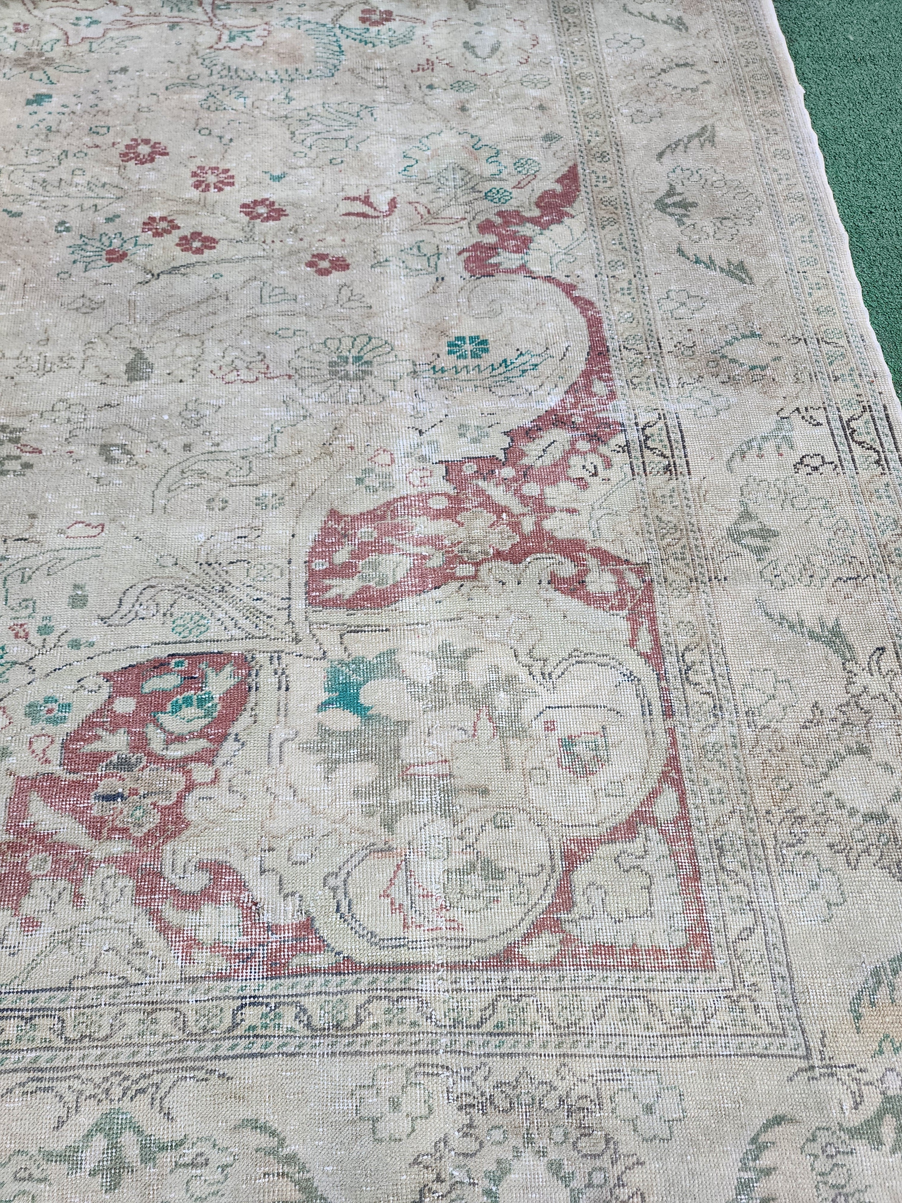 Large Floor Rug 11 x 7 ft Beige and Brown Natural Wool Large Floral Vintage Turkish Carpet