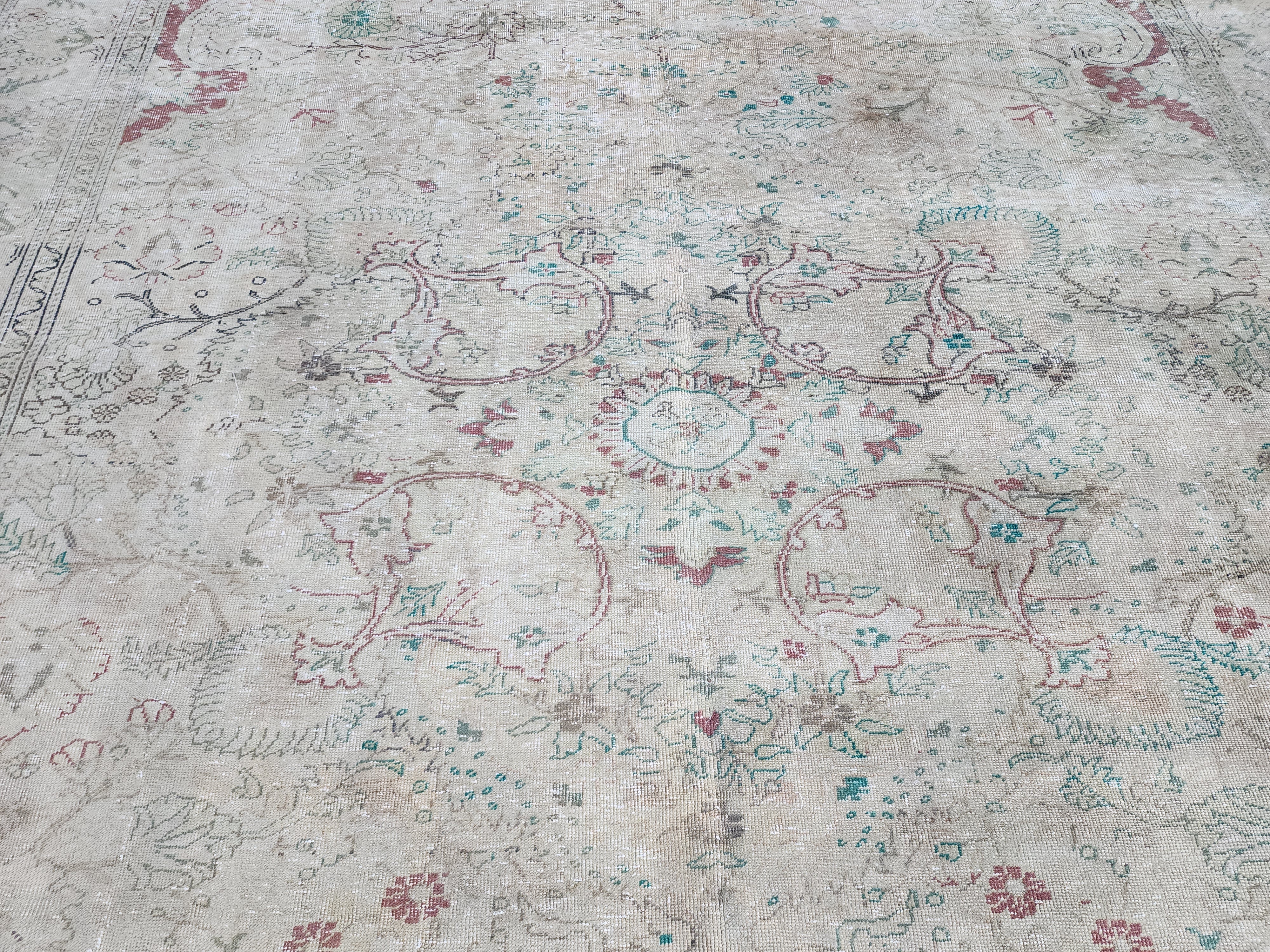 Large Floor Rug 11 x 7 ft Beige and Brown Natural Wool Large Floral Vintage Turkish Carpet