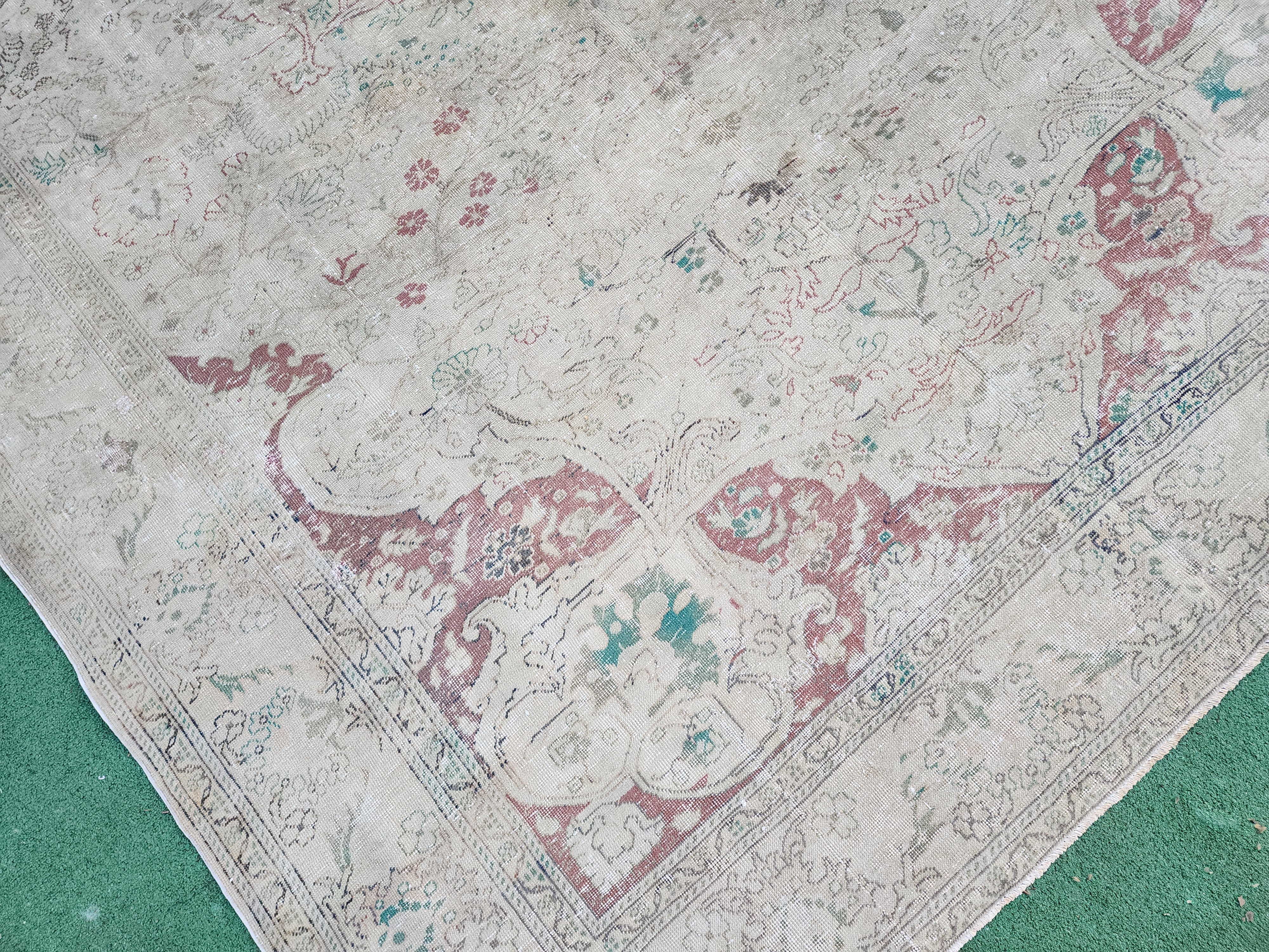 Large Floor Rug 11 x 7 ft Beige and Brown Natural Wool Large Floral Vintage Turkish Carpet