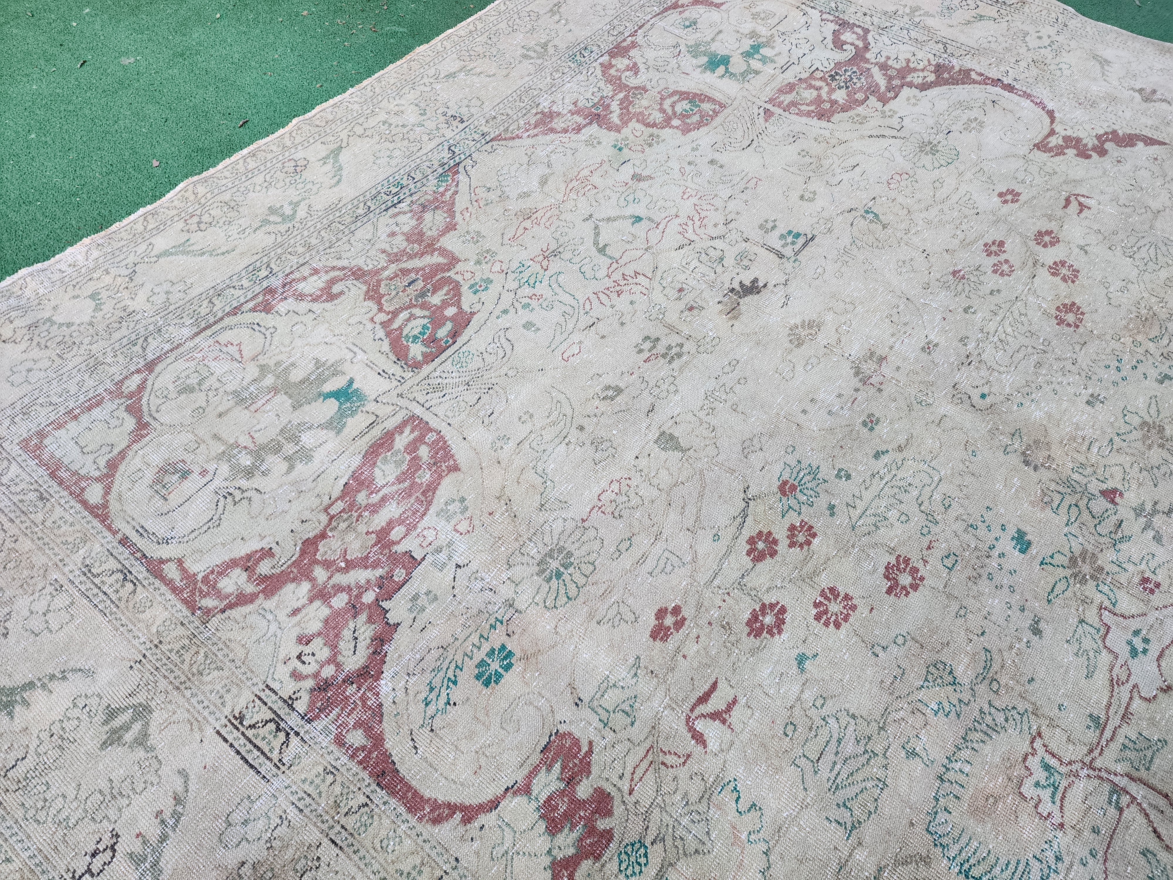 Large Floor Rug 11 x 7 ft Beige and Brown Natural Wool Large Floral Vintage Turkish Carpet