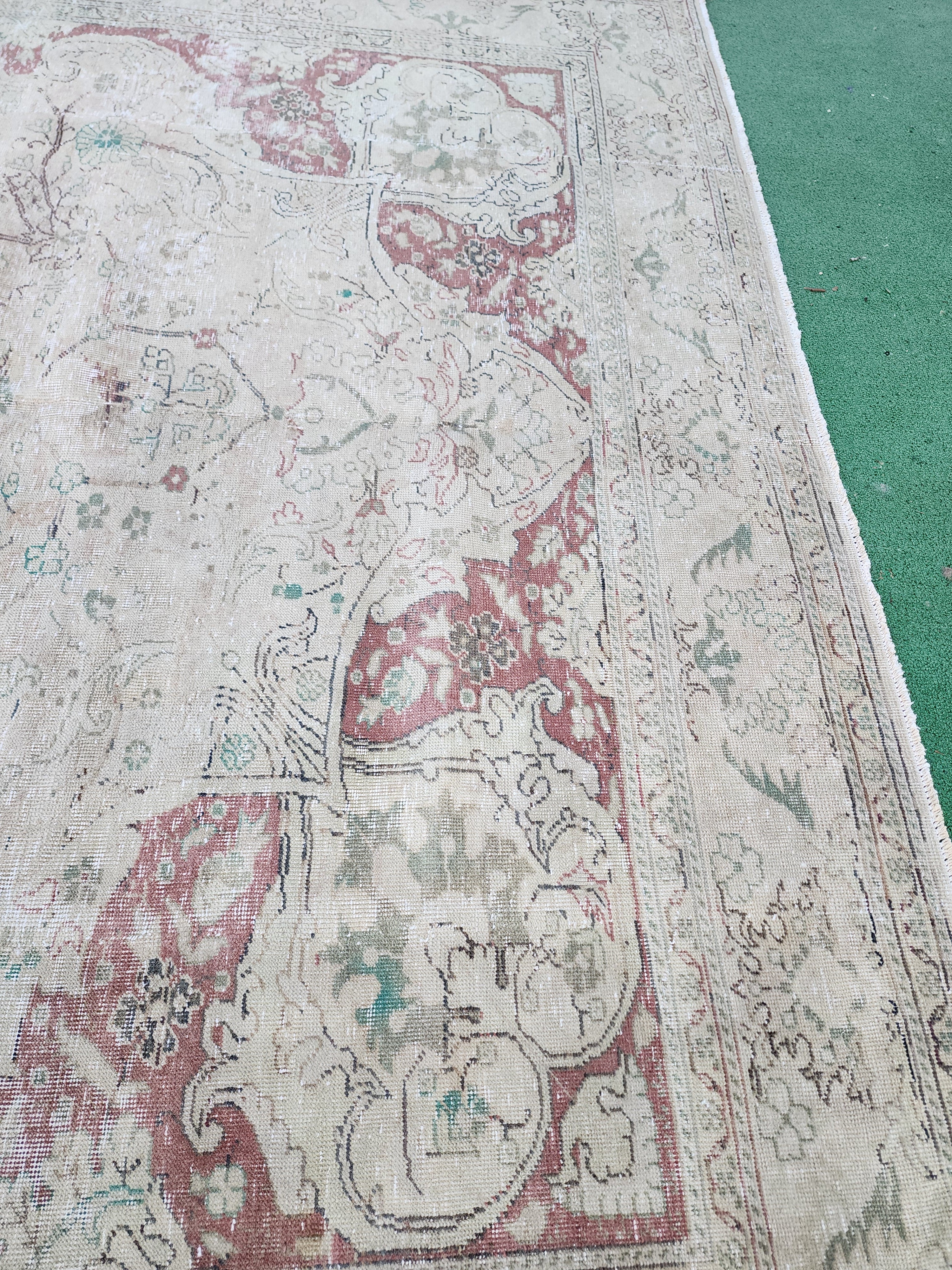 Large Floor Rug 11 x 7 ft Beige and Brown Natural Wool Large Floral Vintage Turkish Carpet