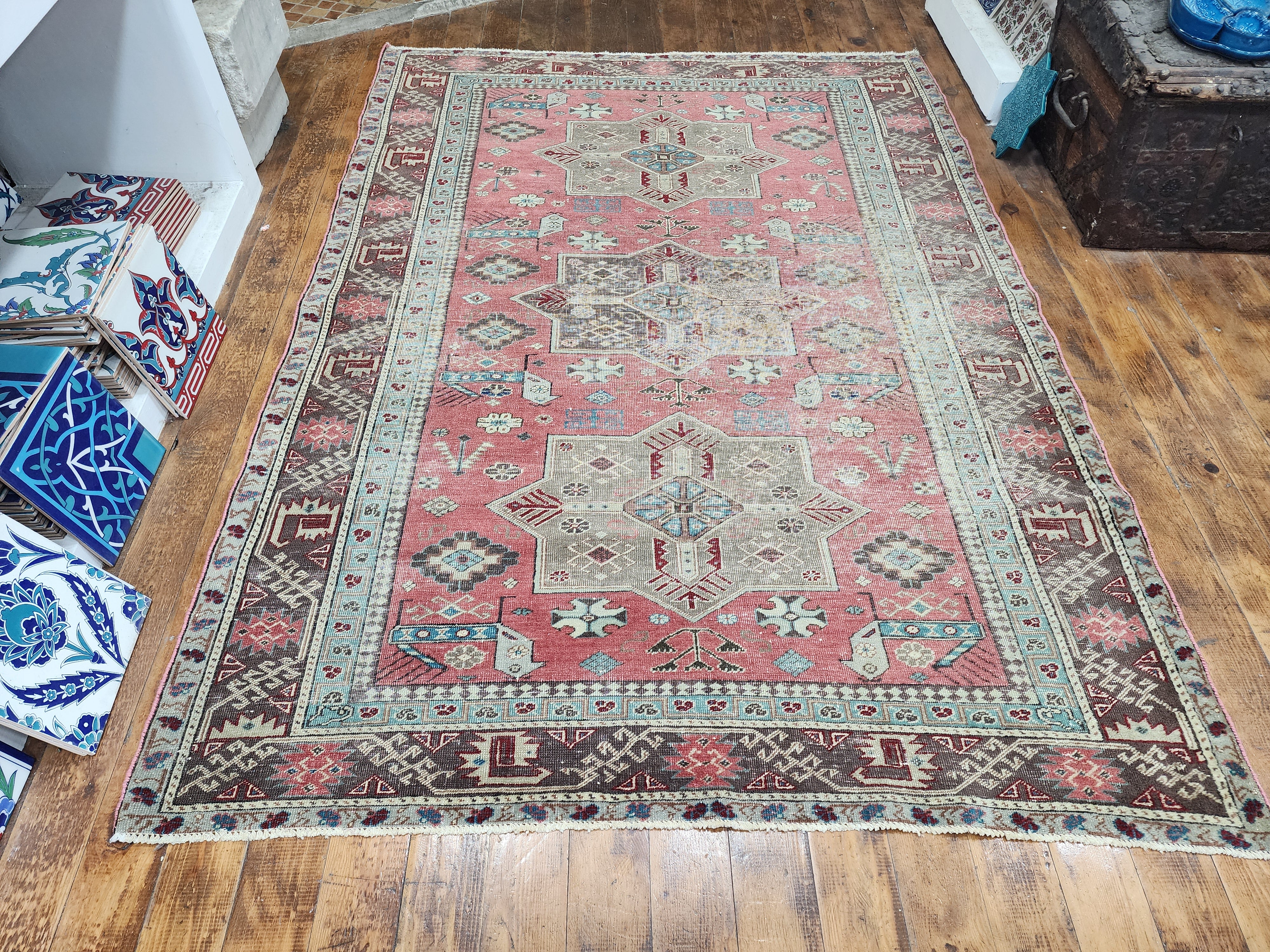 Vintage Caucasian Star Rug 5 x 4 ft, Pink, Brown and Beige Tribal Persian Area Rug