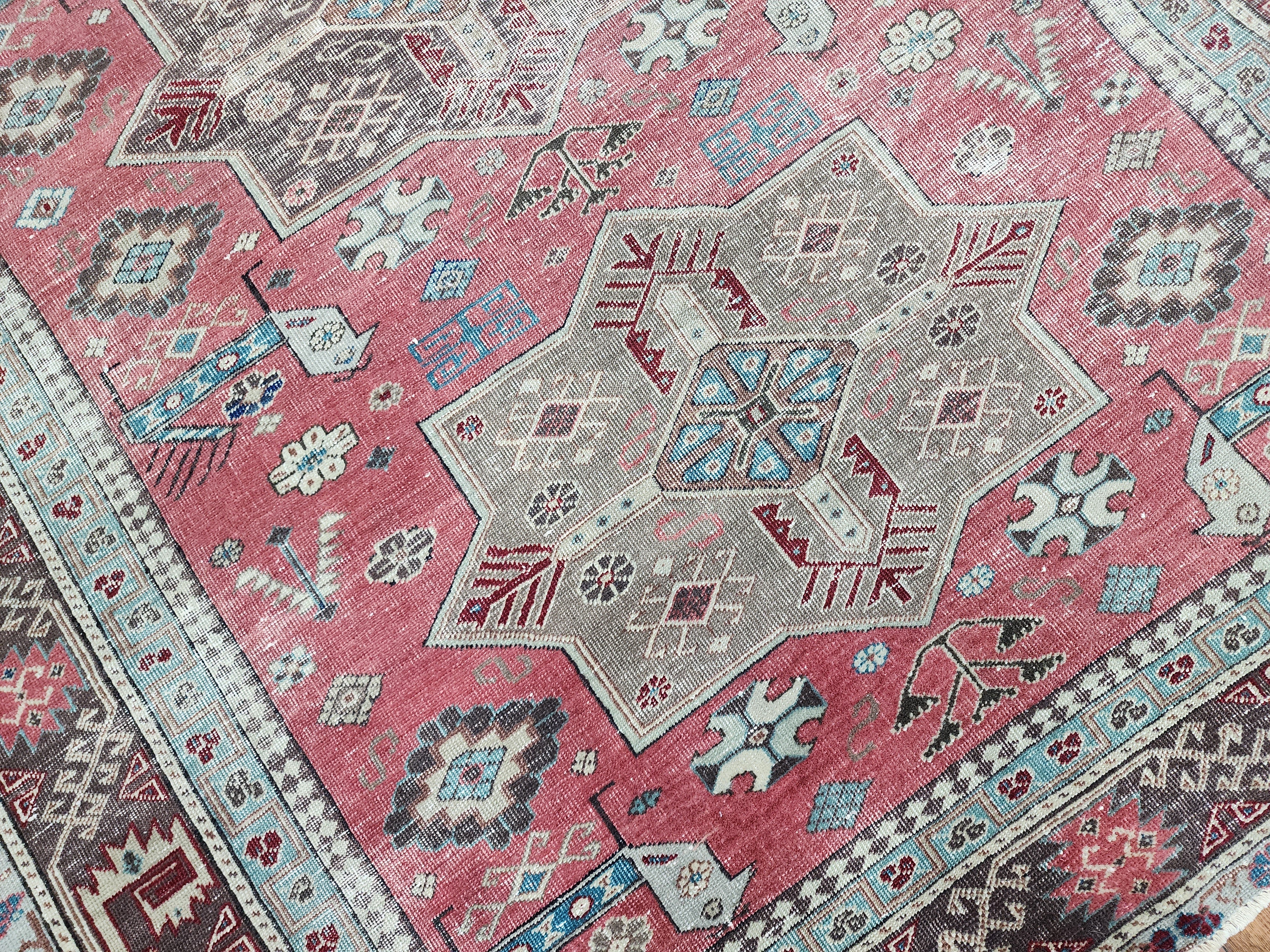 Vintage Caucasian Star Rug 5 x 4 ft, Pink, Brown and Beige Tribal Persian Area Rug
