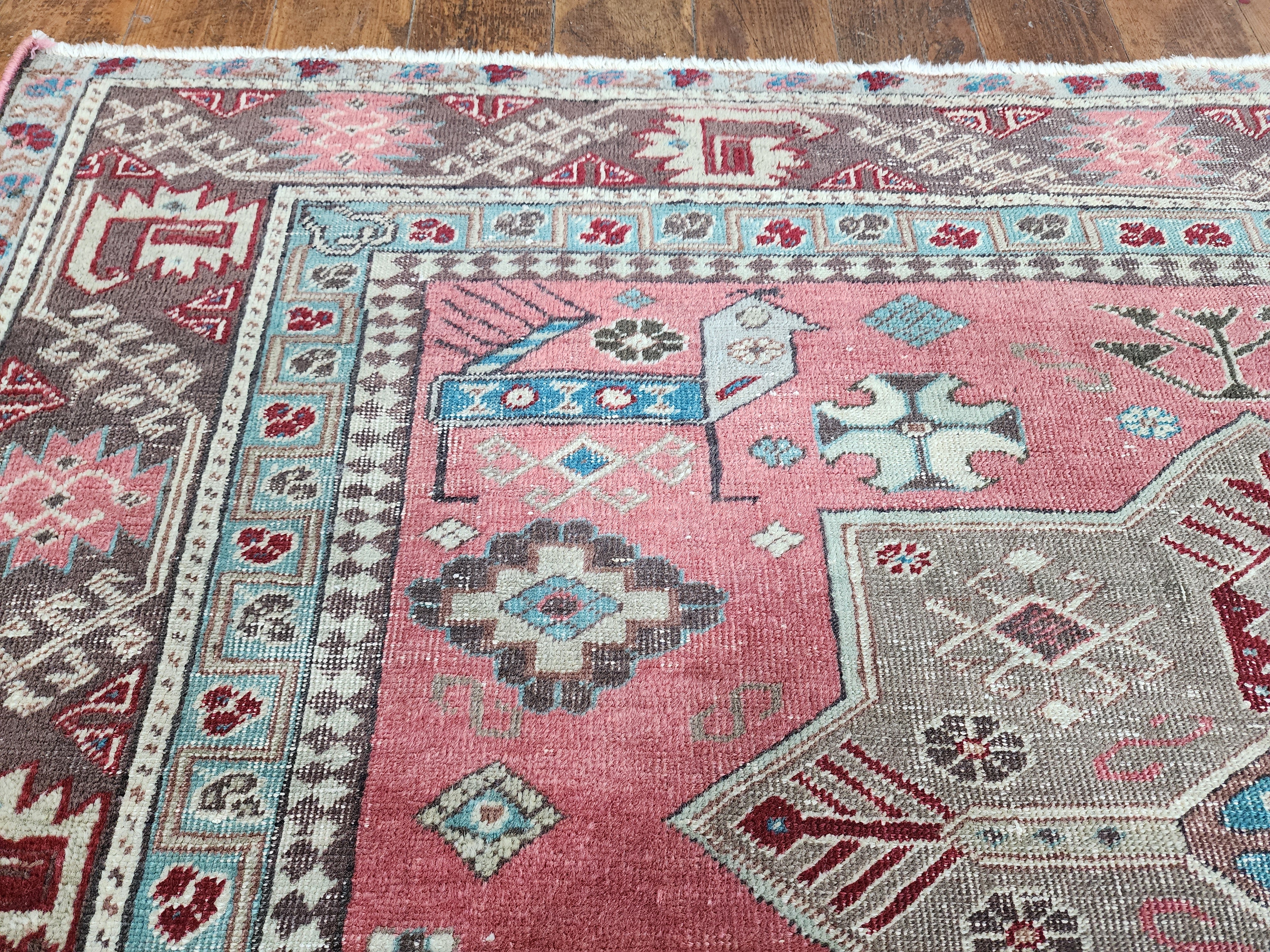 Vintage Caucasian Star Rug 5 x 4 ft, Pink, Brown and Beige Tribal Persian Area Rug