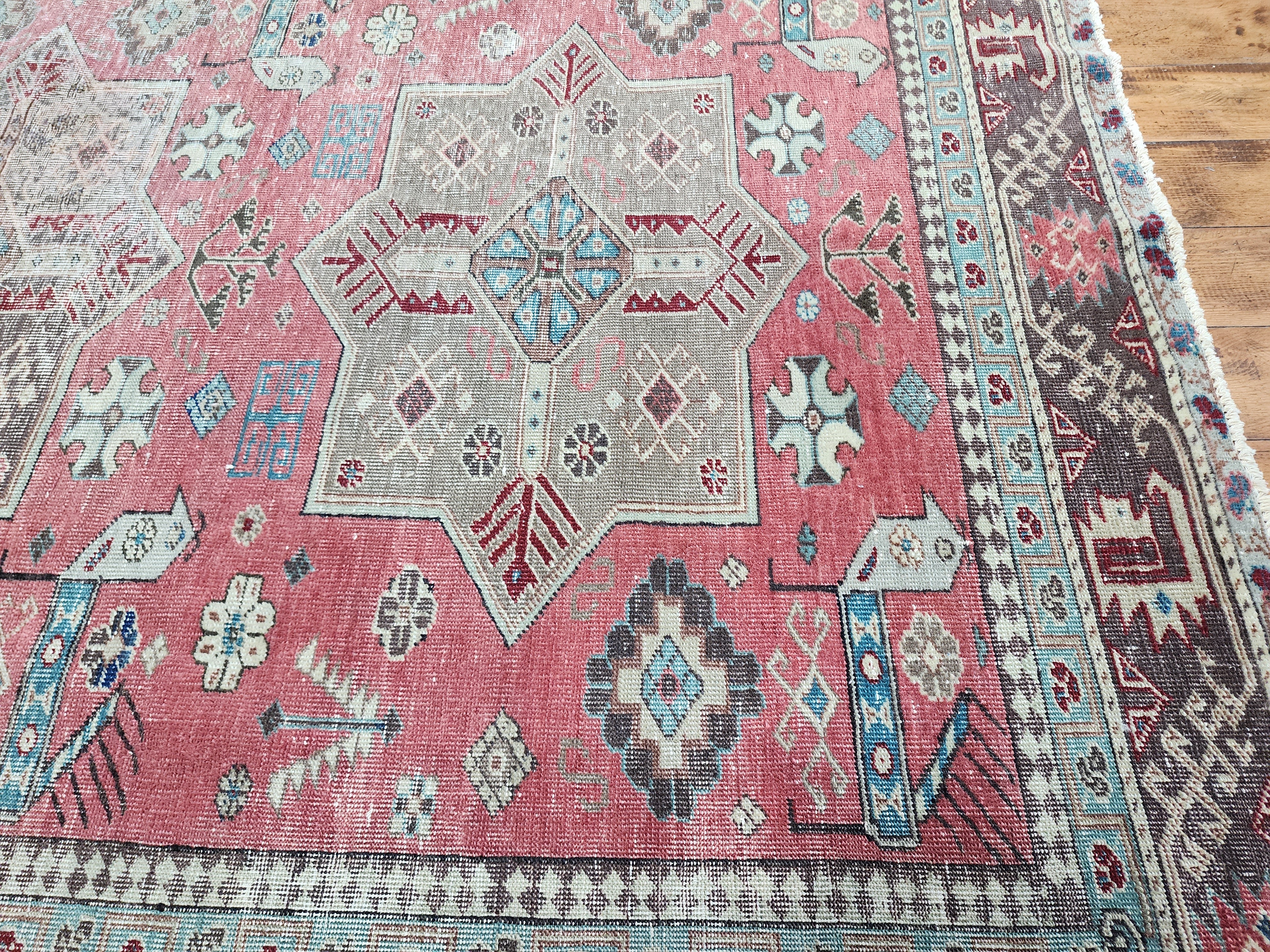 Vintage Caucasian Star Rug 5 x 4 ft, Pink, Brown and Beige Tribal Persian Area Rug