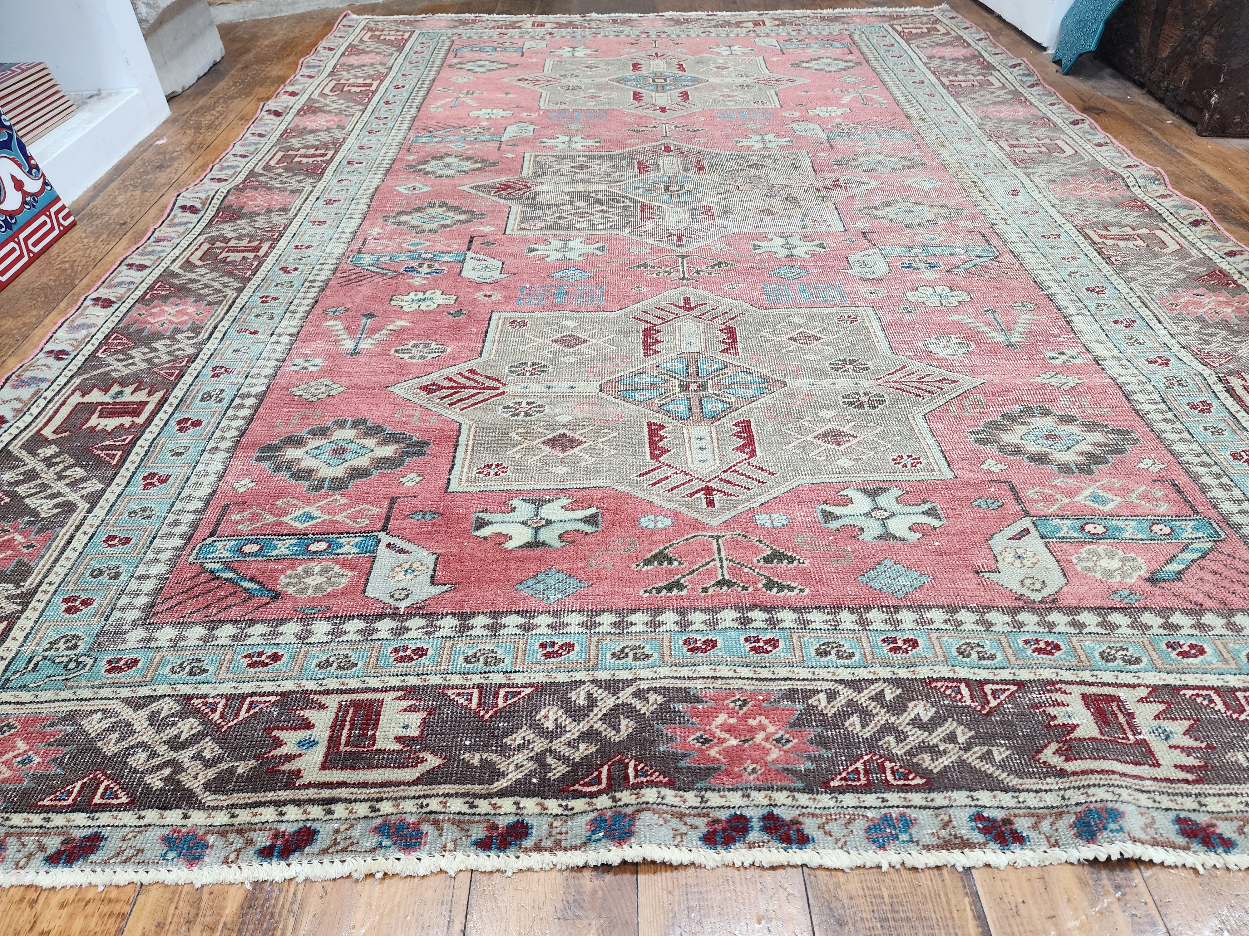 Vintage Caucasian Star Rug 5 x 4 ft, Pink, Brown and Beige Tribal Persian Area Rug
