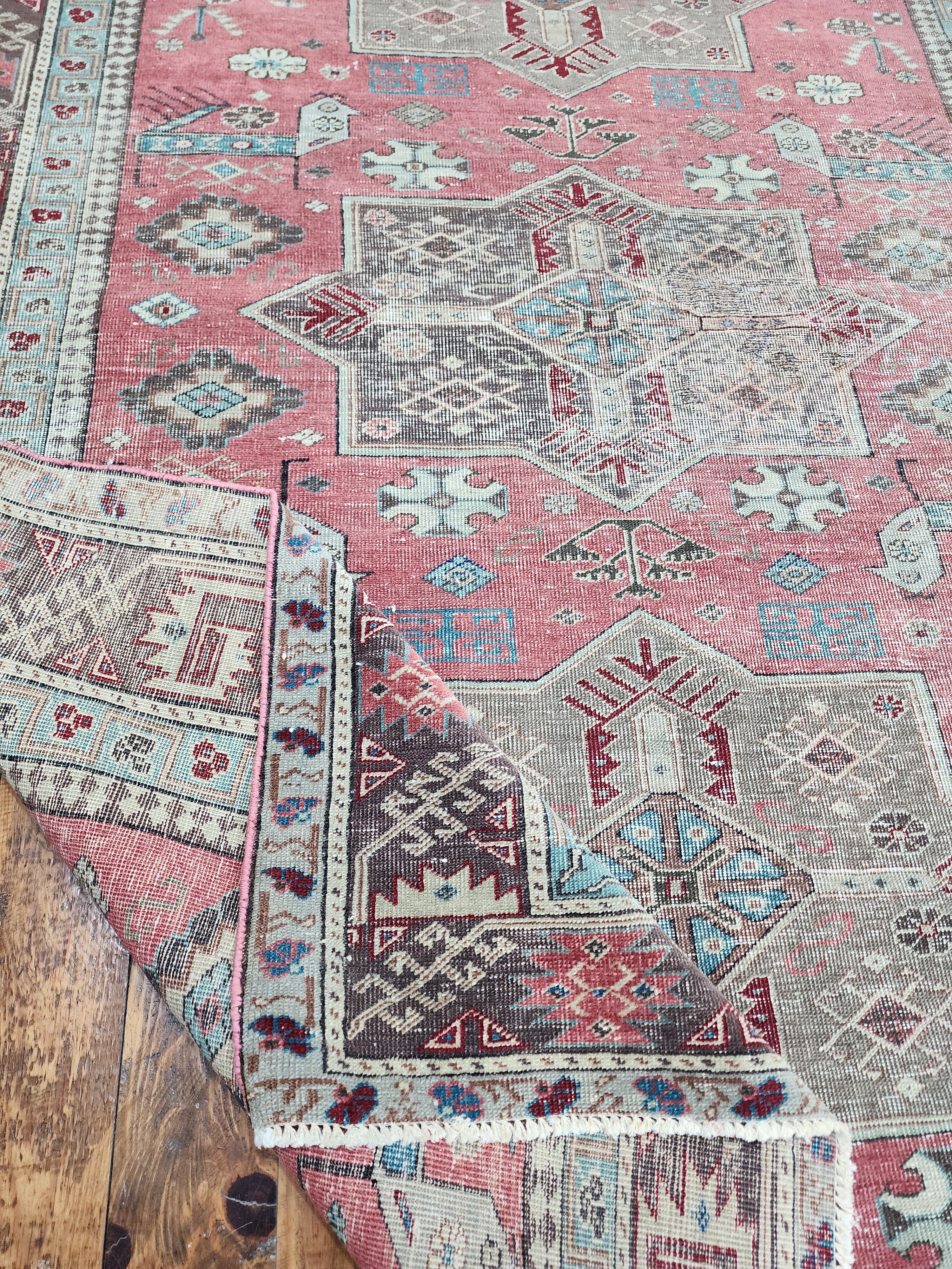 Vintage Caucasian Star Rug 5 x 4 ft, Pink, Brown and Beige Tribal Persian Area Rug