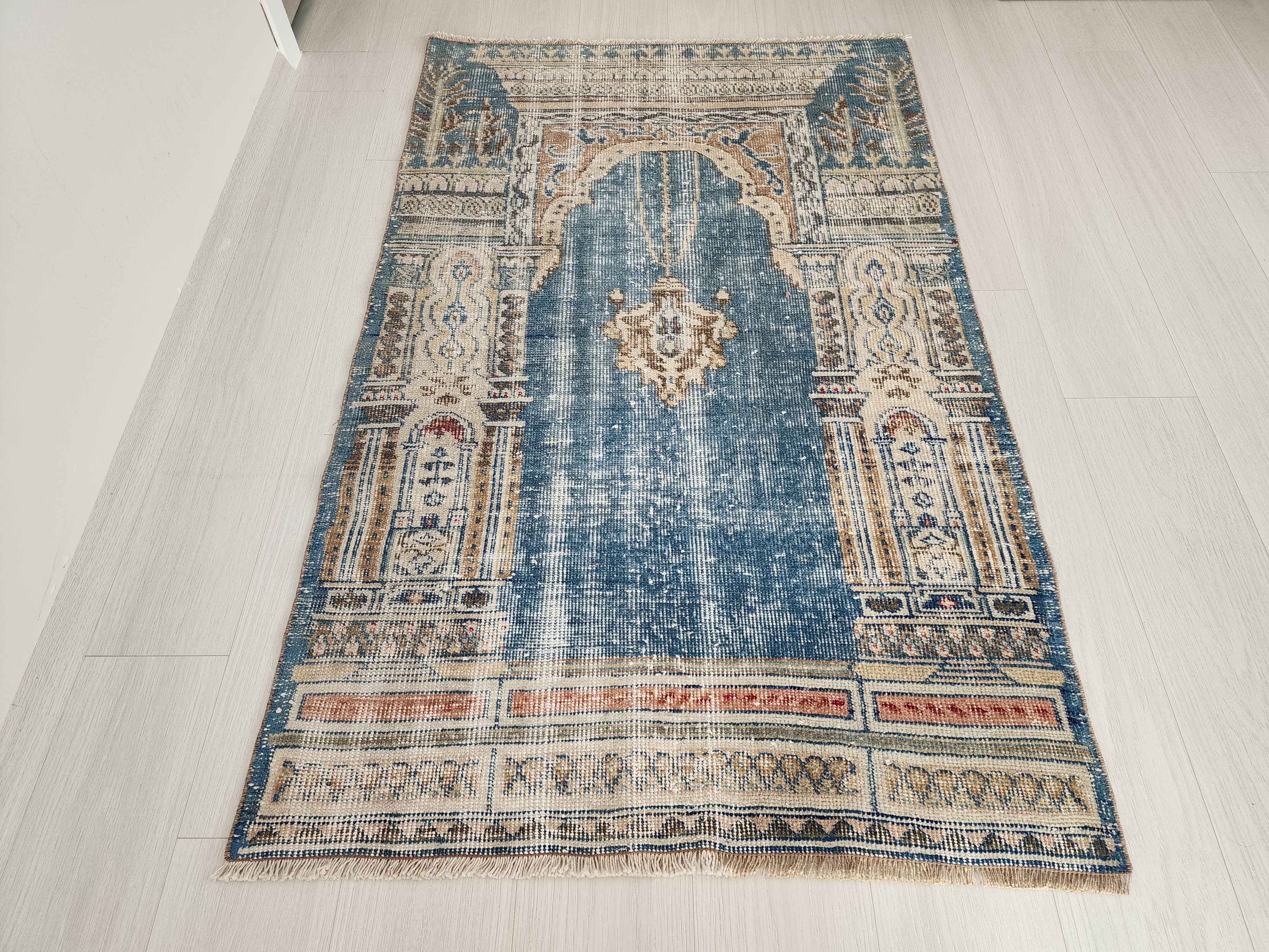 Vintage Persian, 5x3, Soft Blue and Brown Turkish Rug handmade from Natural Wool