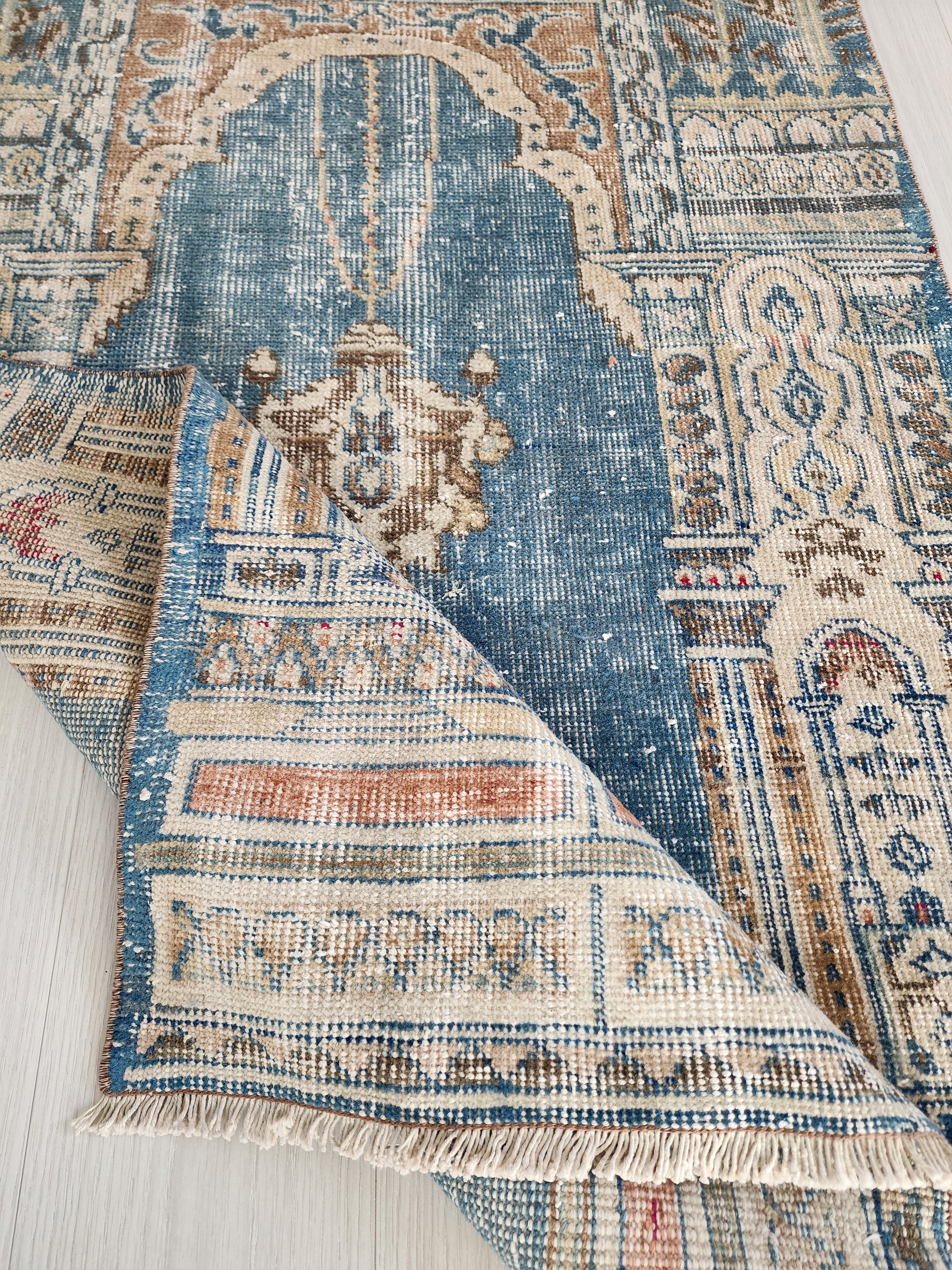 Vintage Persian, 5x3, Soft Blue and Brown Turkish Rug handmade from Natural Wool