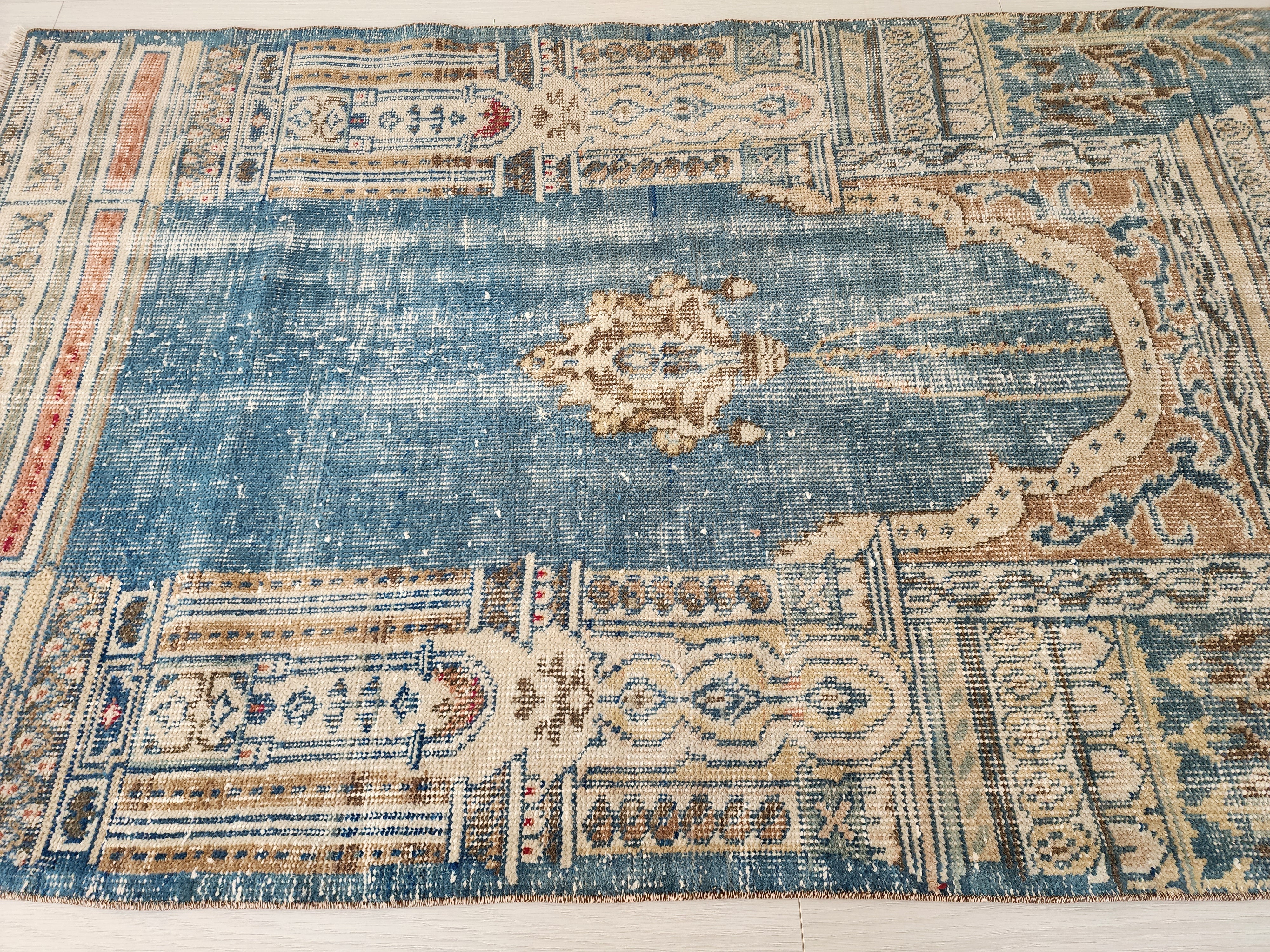 Vintage Persian, 5x3, Soft Blue and Brown Turkish Rug handmade from Natural Wool