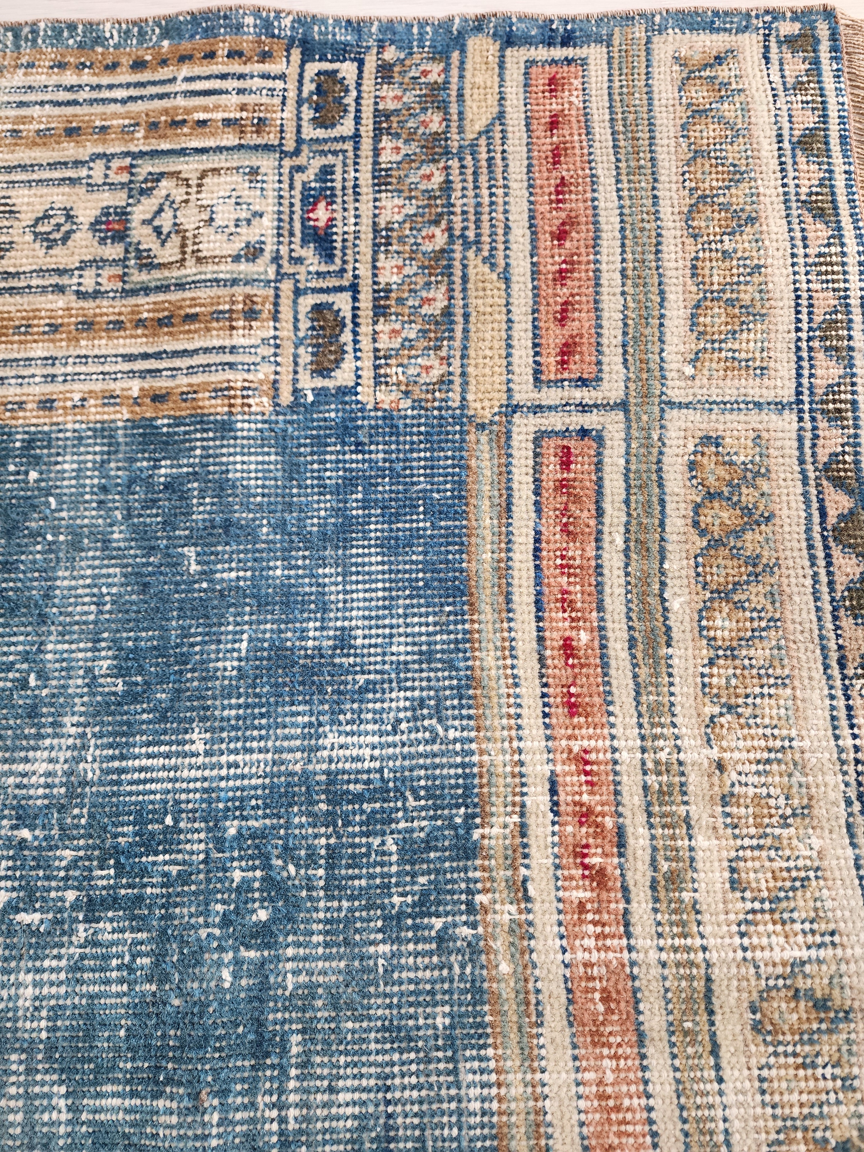 Vintage Persian, 5x3, Soft Blue and Brown Turkish Rug handmade from Natural Wool