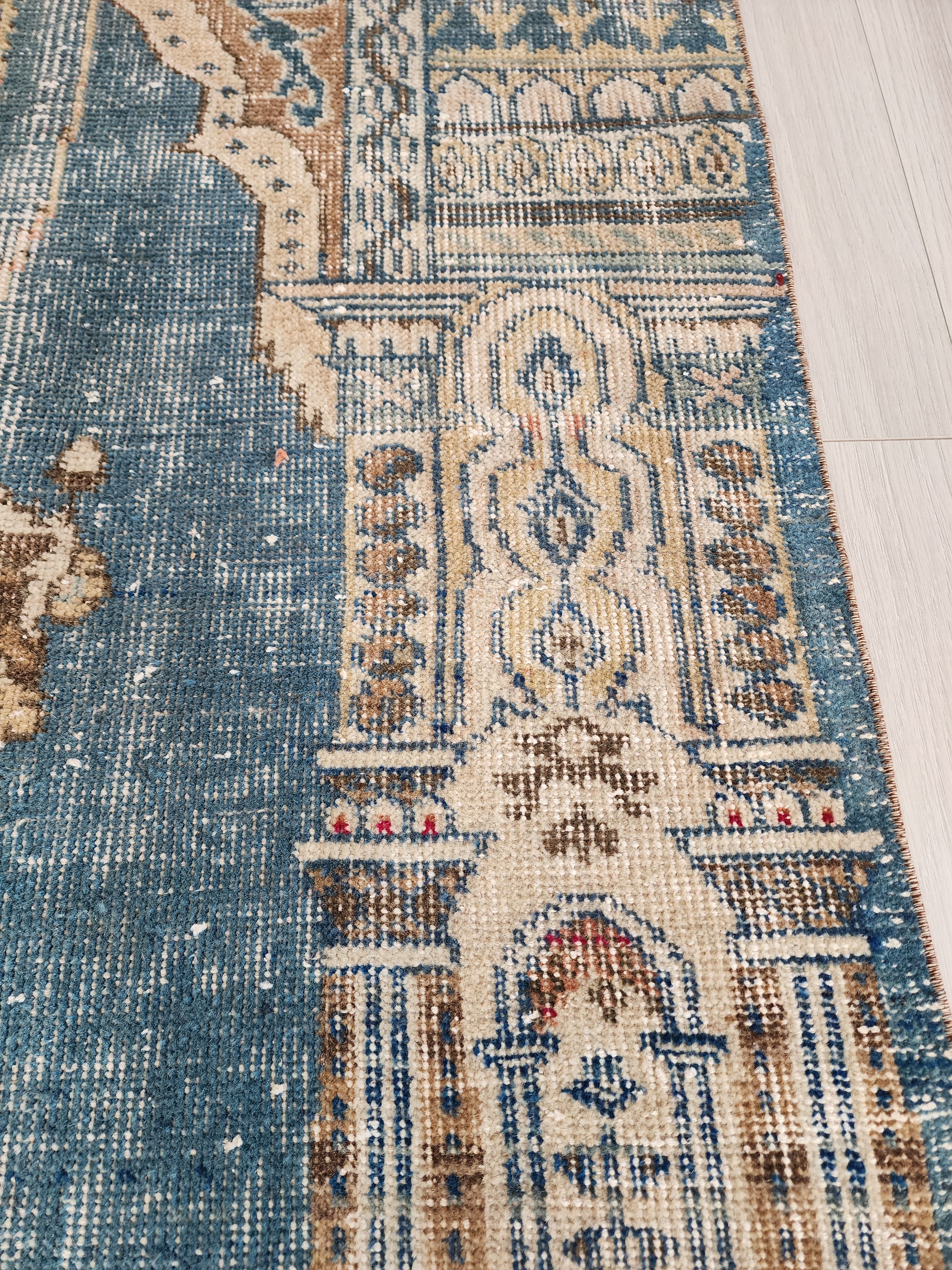 Vintage Persian, 5x3, Soft Blue and Brown Turkish Rug handmade from Natural Wool