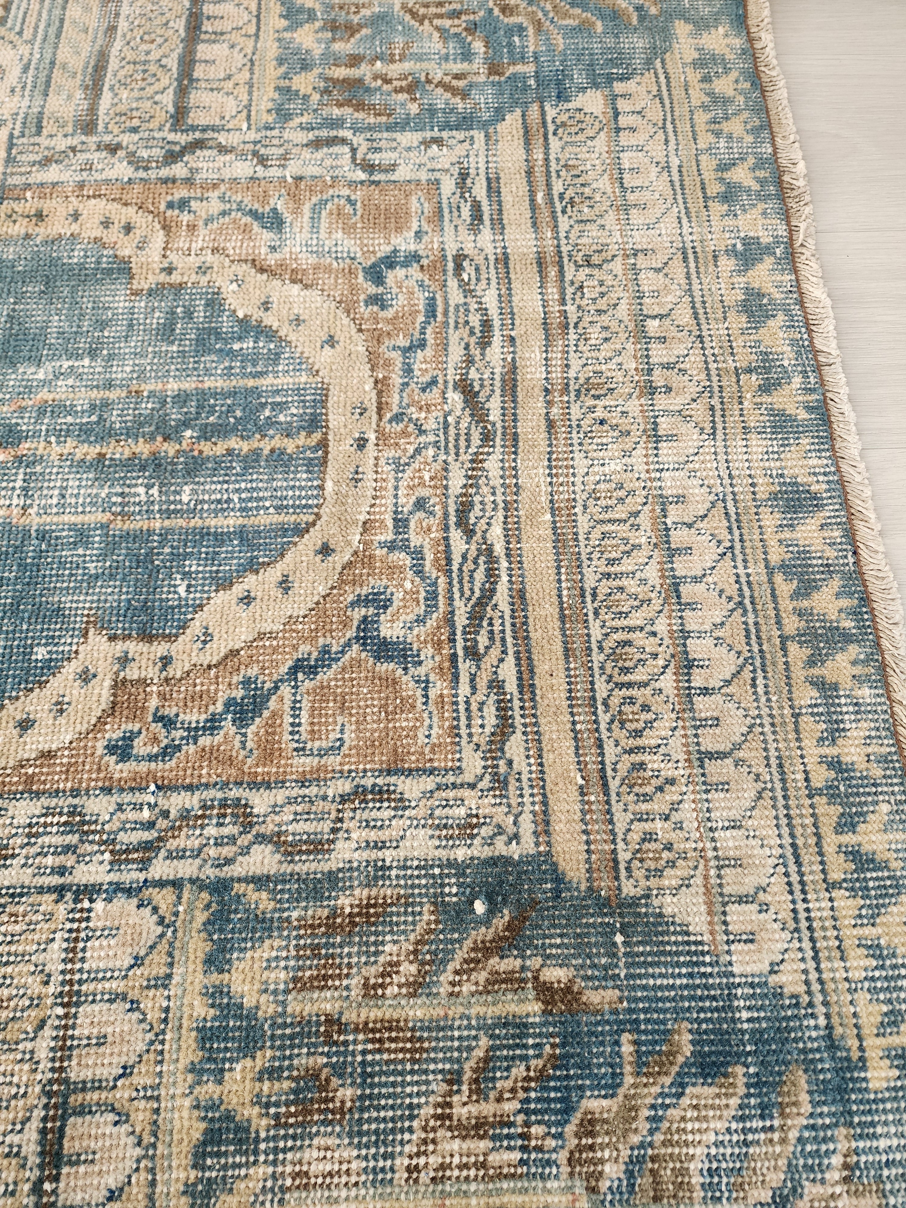 Vintage Persian, 5x3, Soft Blue and Brown Turkish Rug handmade from Natural Wool