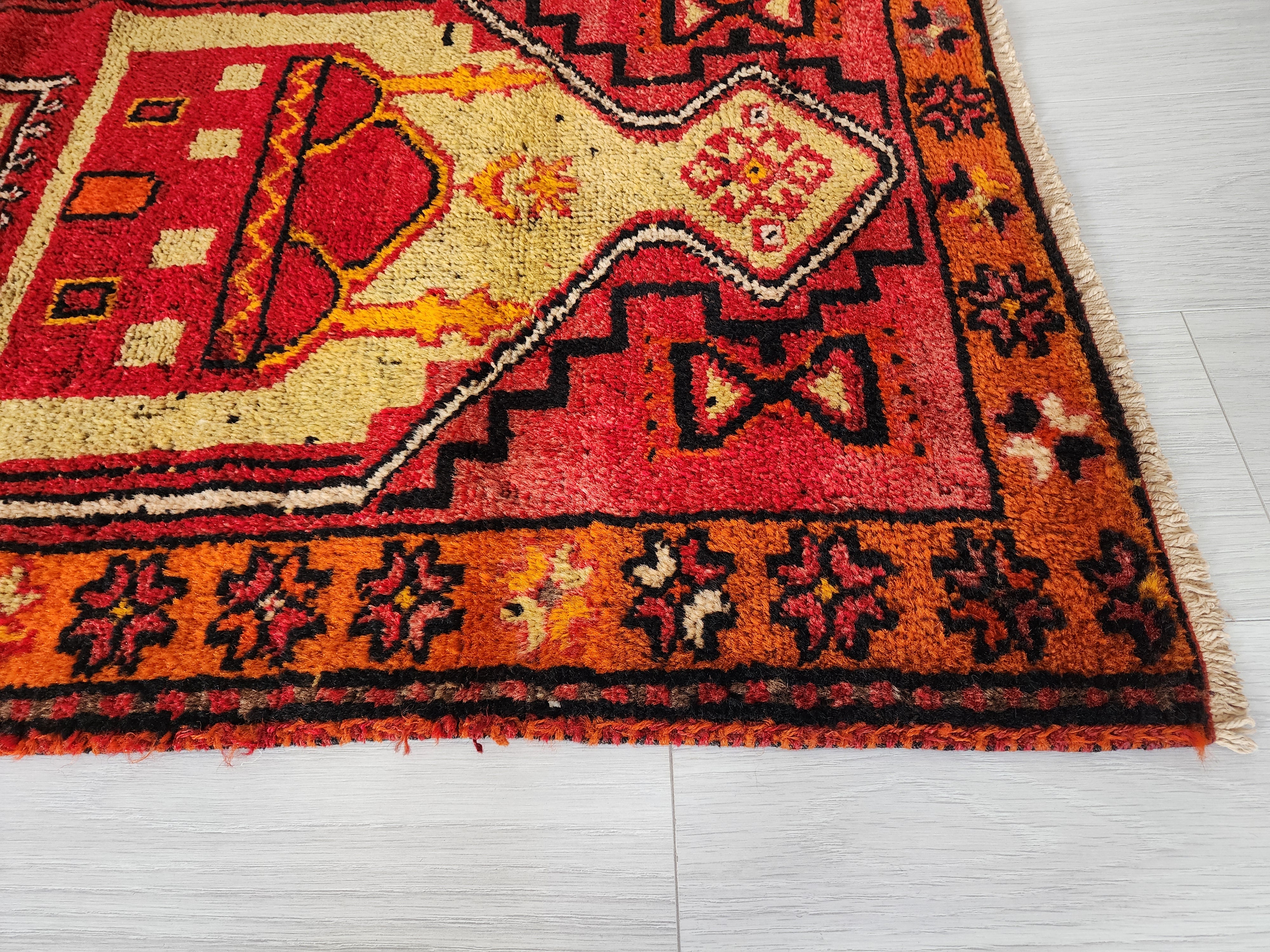 Antique Turkish Rug, 5x3, Red, Green and Orange, Handmade in Konya from Natural Wool