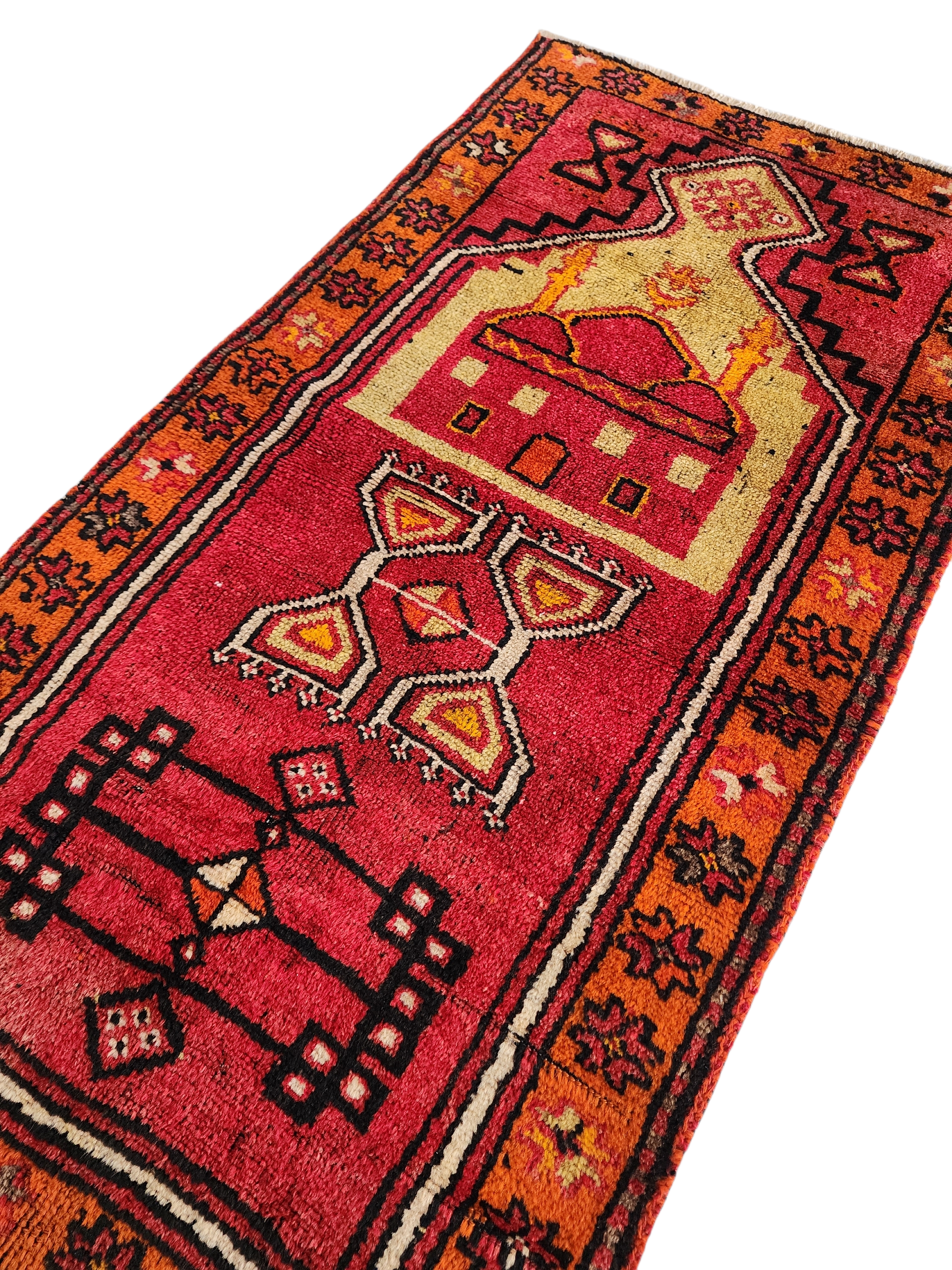 Antique Turkish Rug, 5x3, Red, Green and Orange, Handmade in Konya from Natural Wool