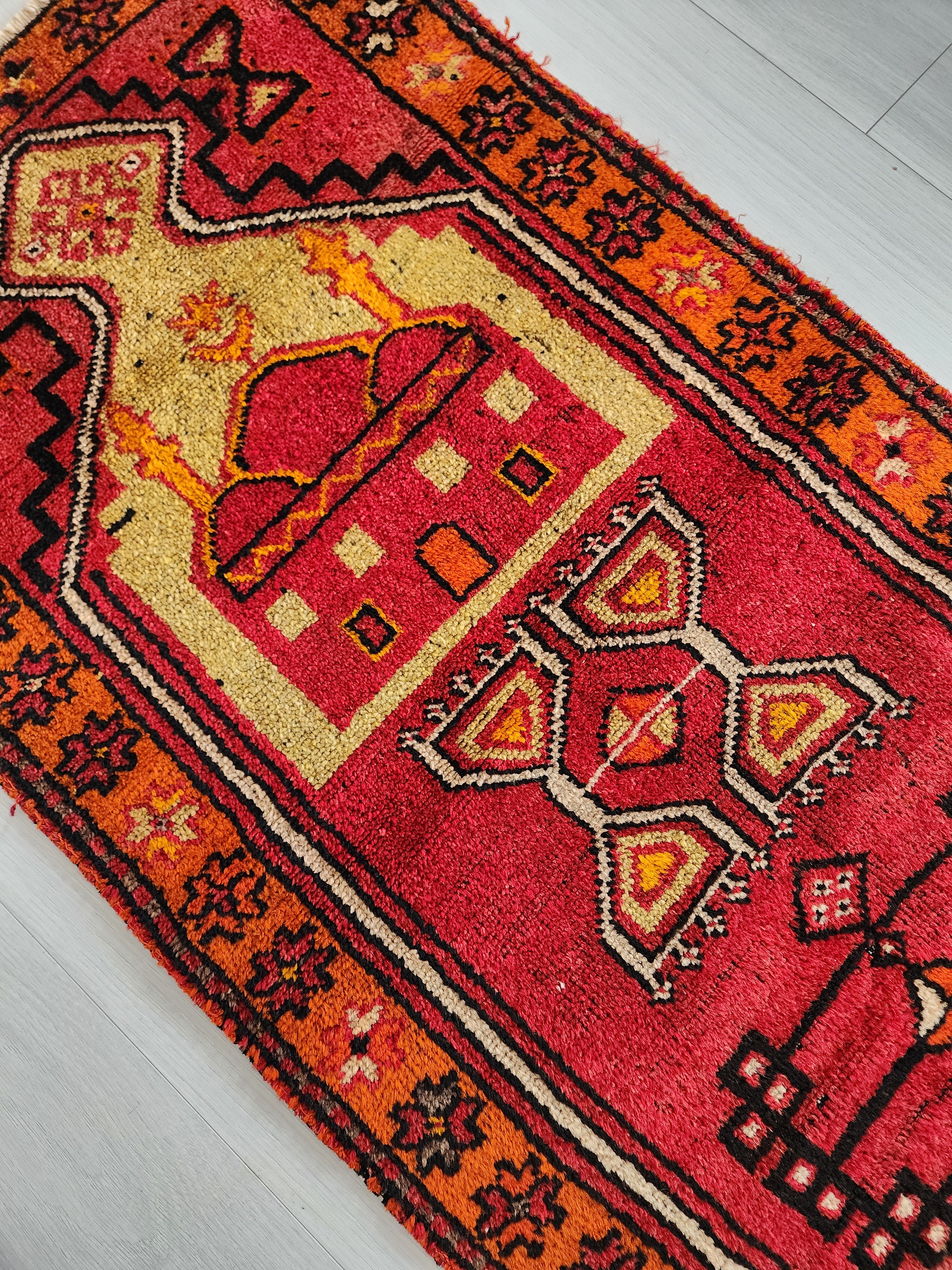 Antique Turkish Rug, 5x3, Red, Green and Orange, Handmade in Konya from Natural Wool