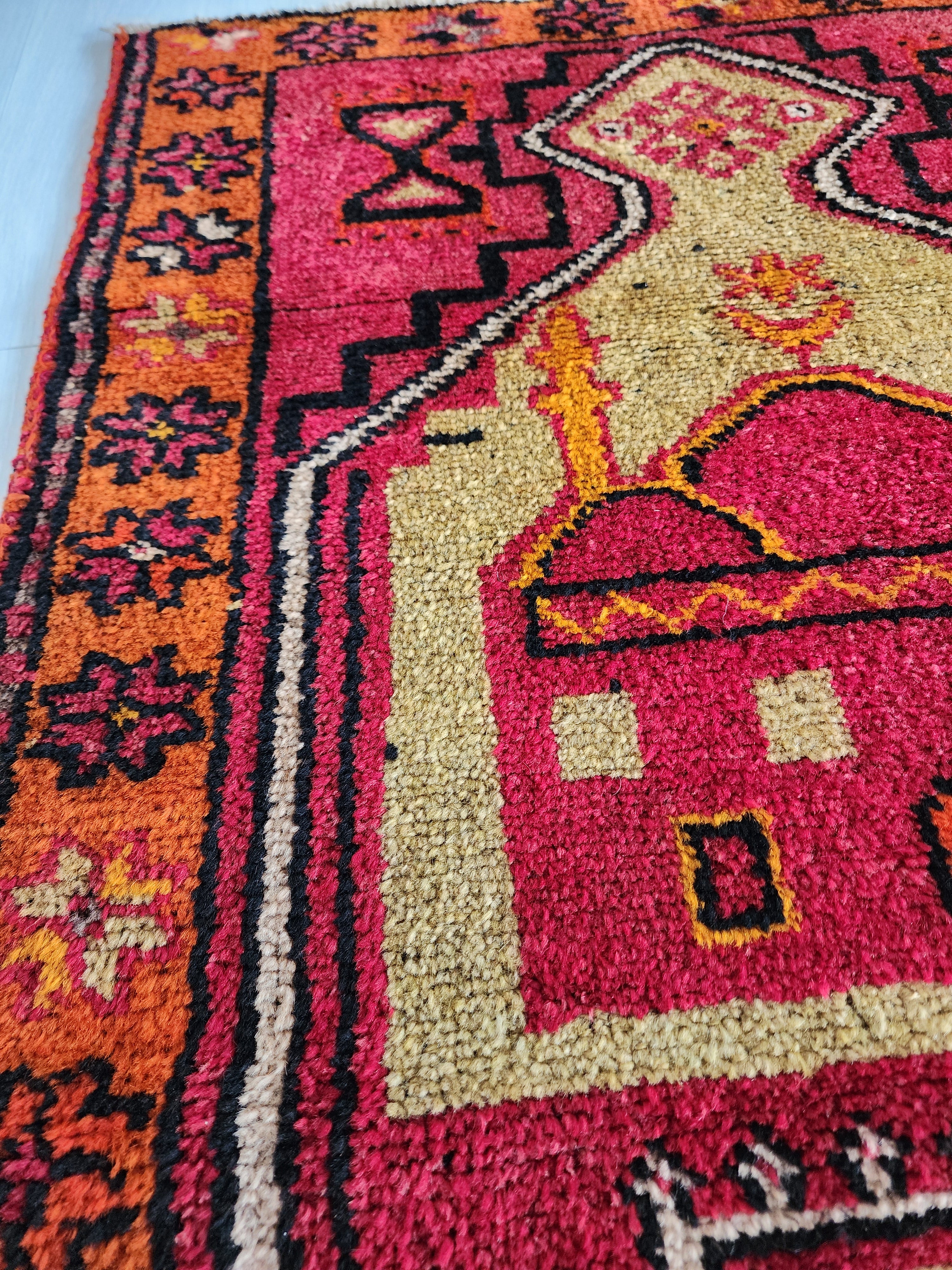 Antique Turkish Rug, 5x3, Red, Green and Orange, Handmade in Konya from Natural Wool