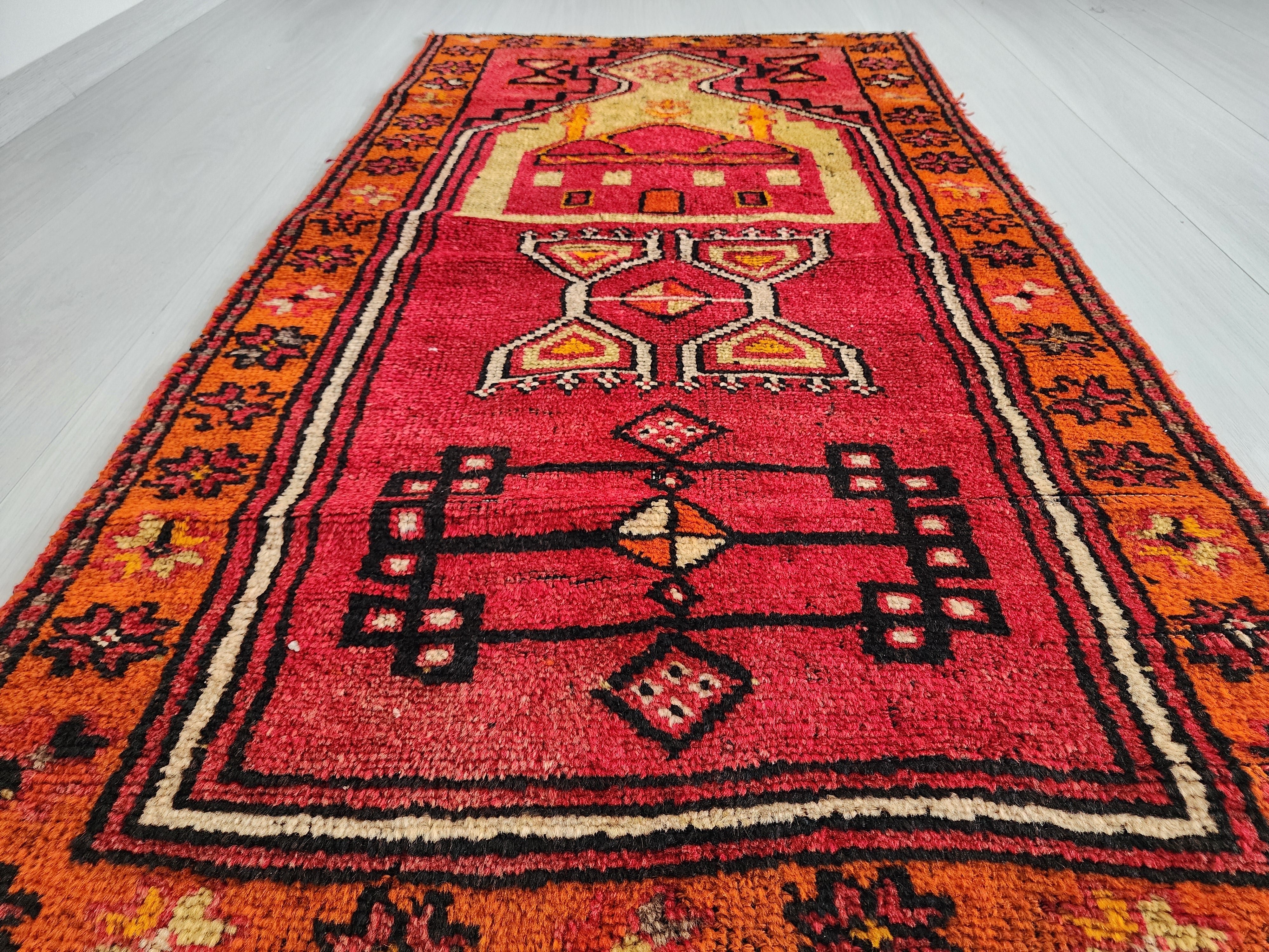 Antique Turkish Rug, 5x3, Red, Green and Orange, Handmade in Konya from Natural Wool