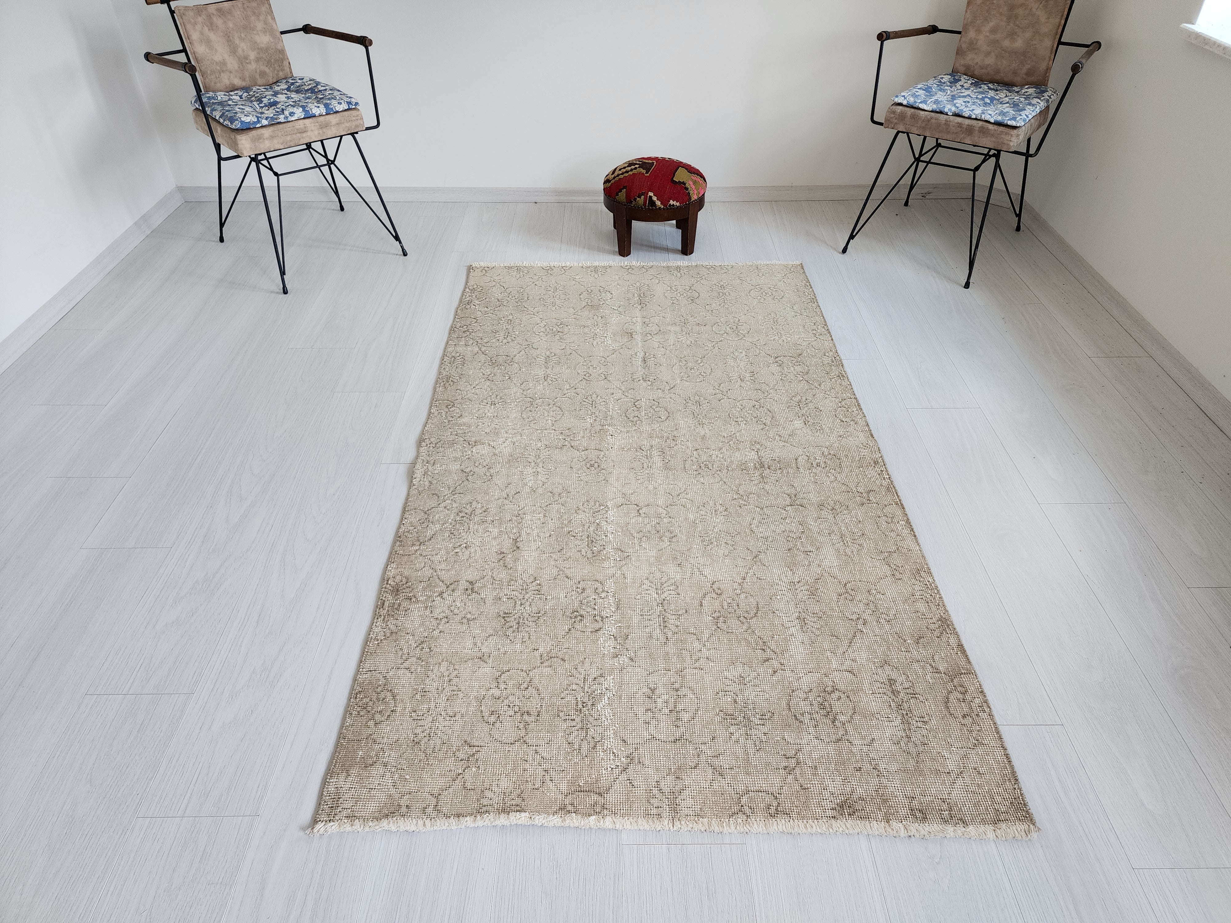 Brown and Cream Vintage Turkish Rug 7 x 4 ft